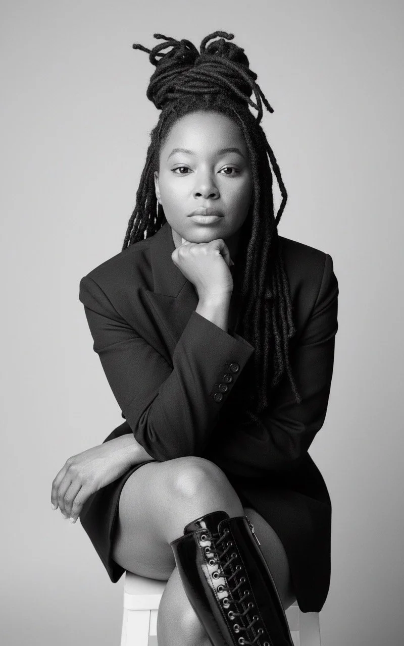 Black and white photo of a person smiling, wearing glasses and hoop earrings, with curly hair, and a scarf.