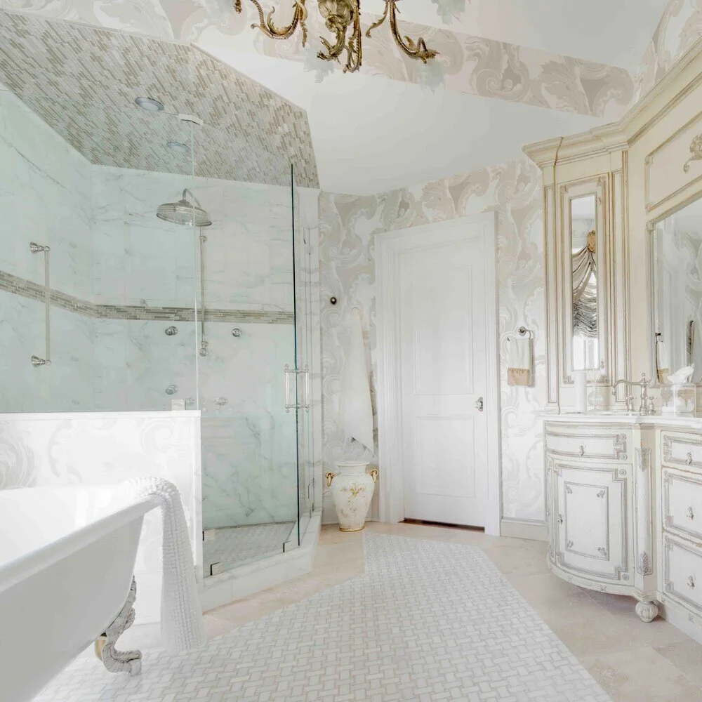 White spacious bathtub and tile shower