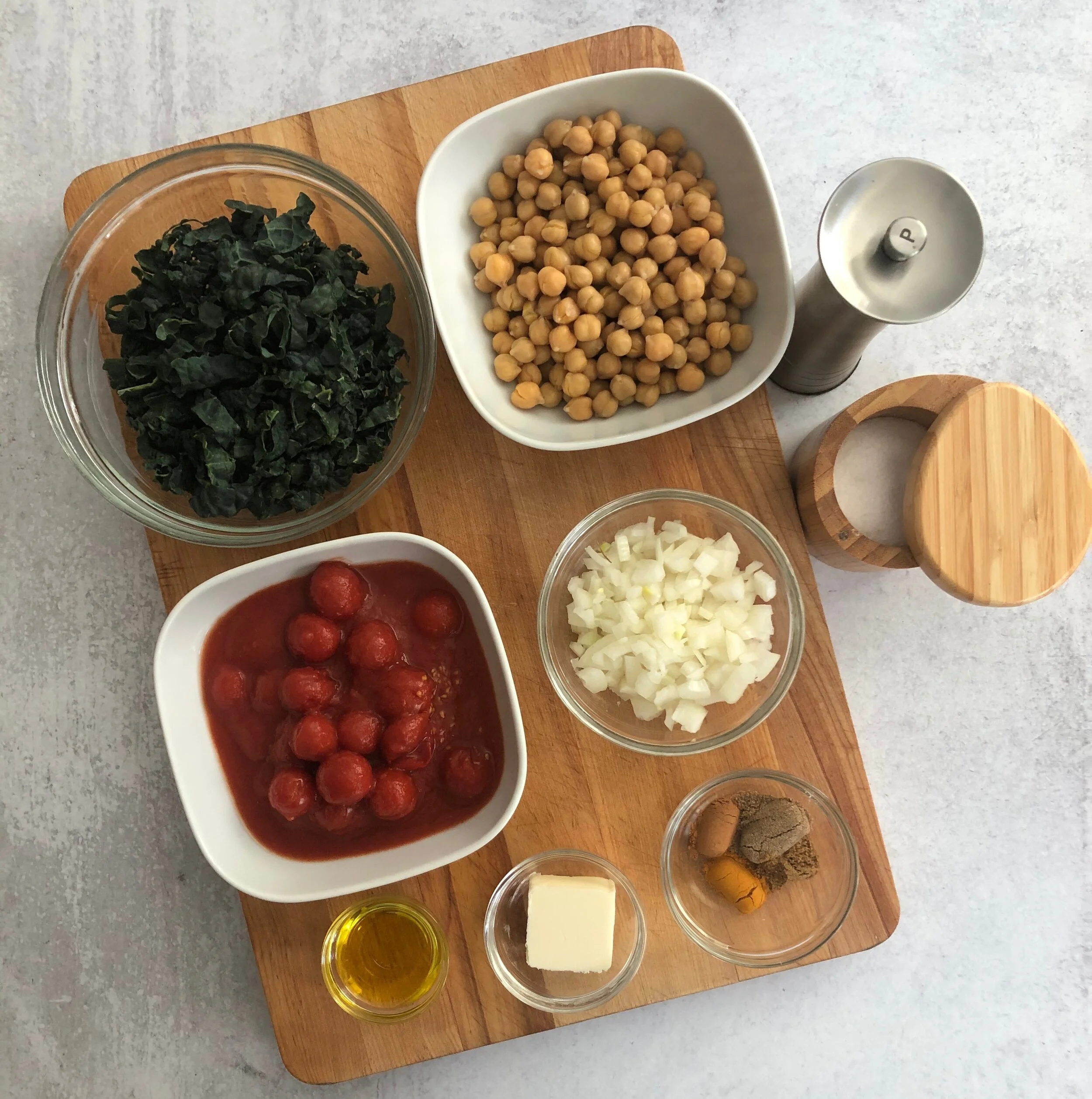 Chickpeas, Tomatoes, Kale, Onions, + turmeric, coriander and cumin make