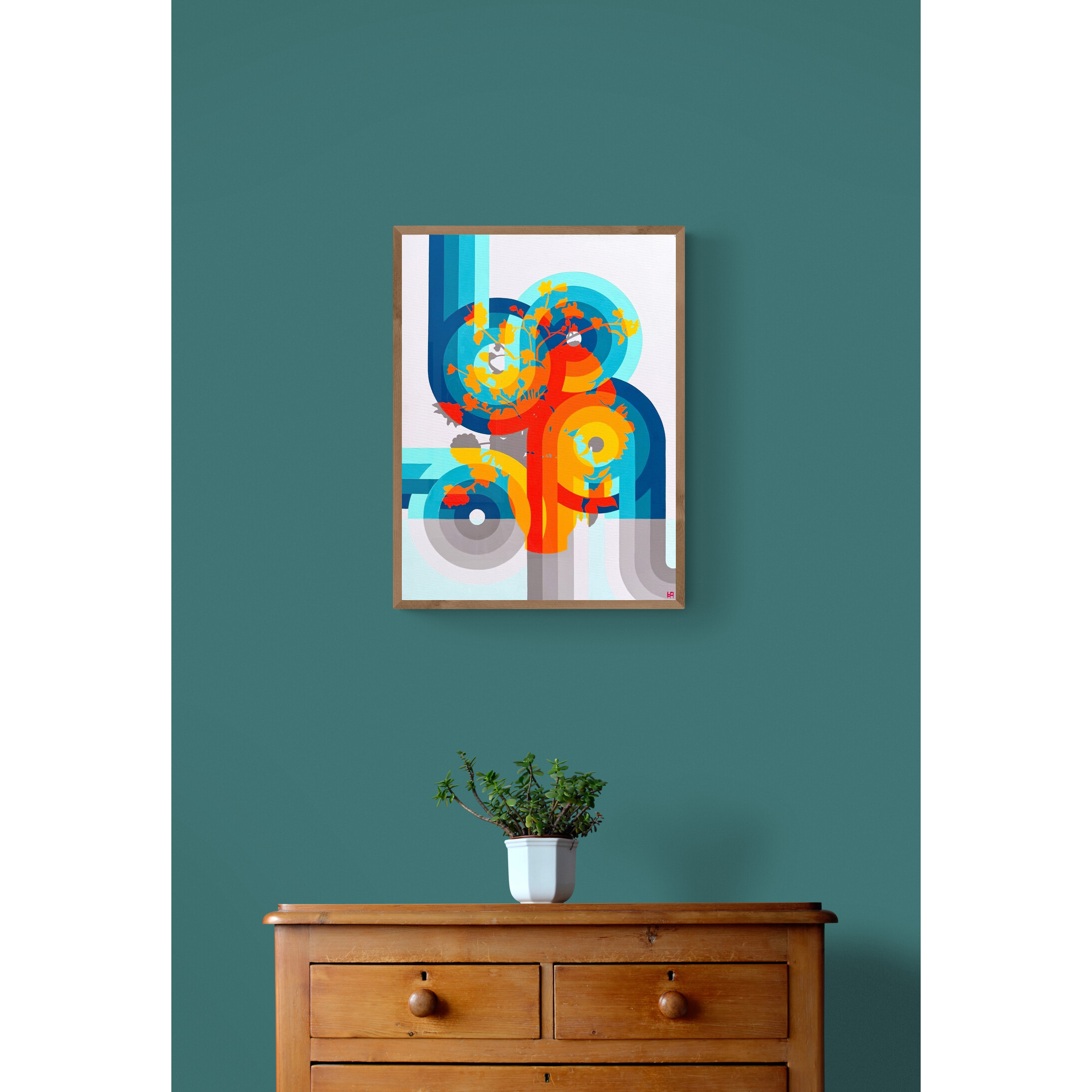 Colorful Floral composed of abstract geometric design hung on a wall over an entry way cabinet