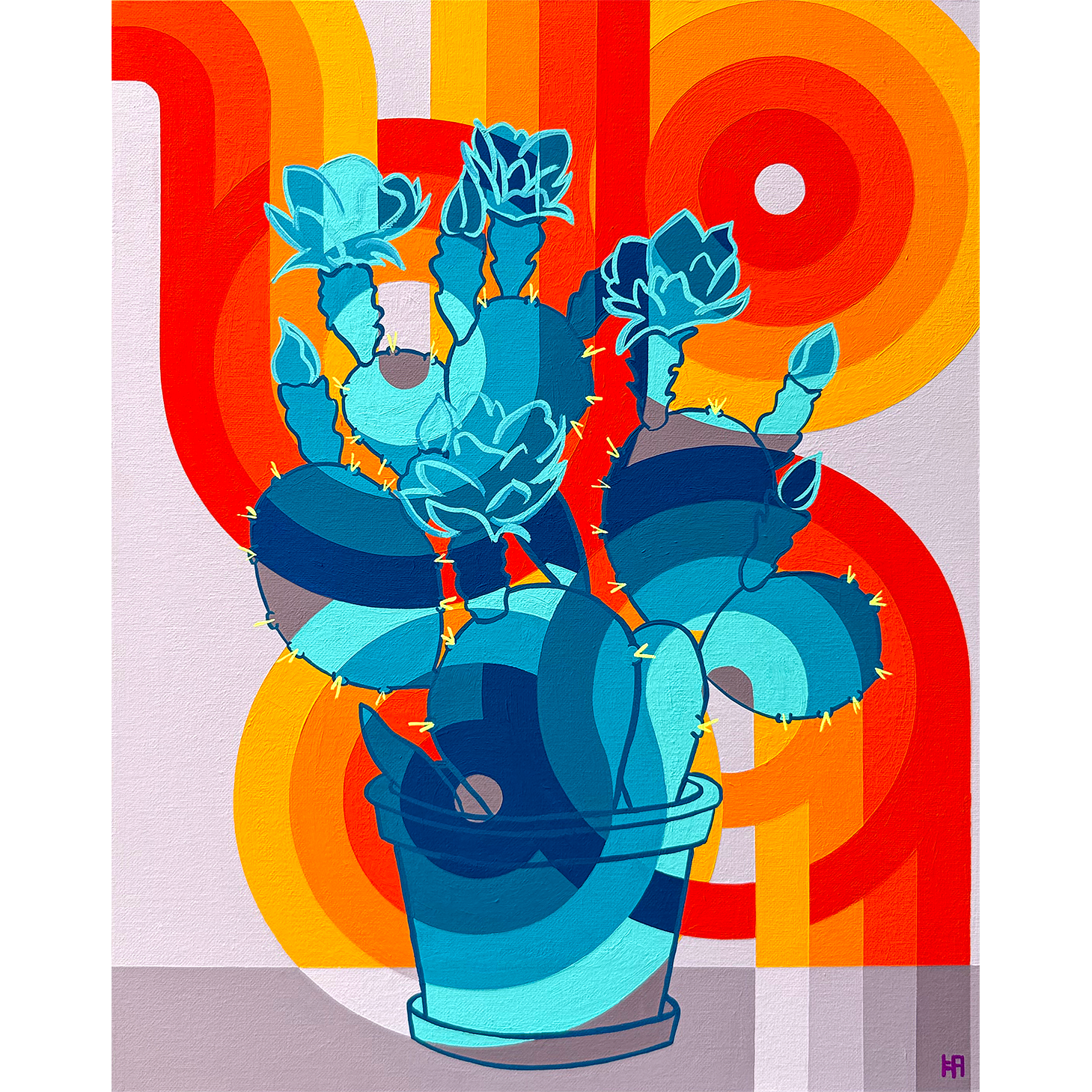 Colorful abstract geometric painting with bold, overlapping shapes and lines in shades of Red, orange, blue and teal. Abstract floral geometric of a potted cactus