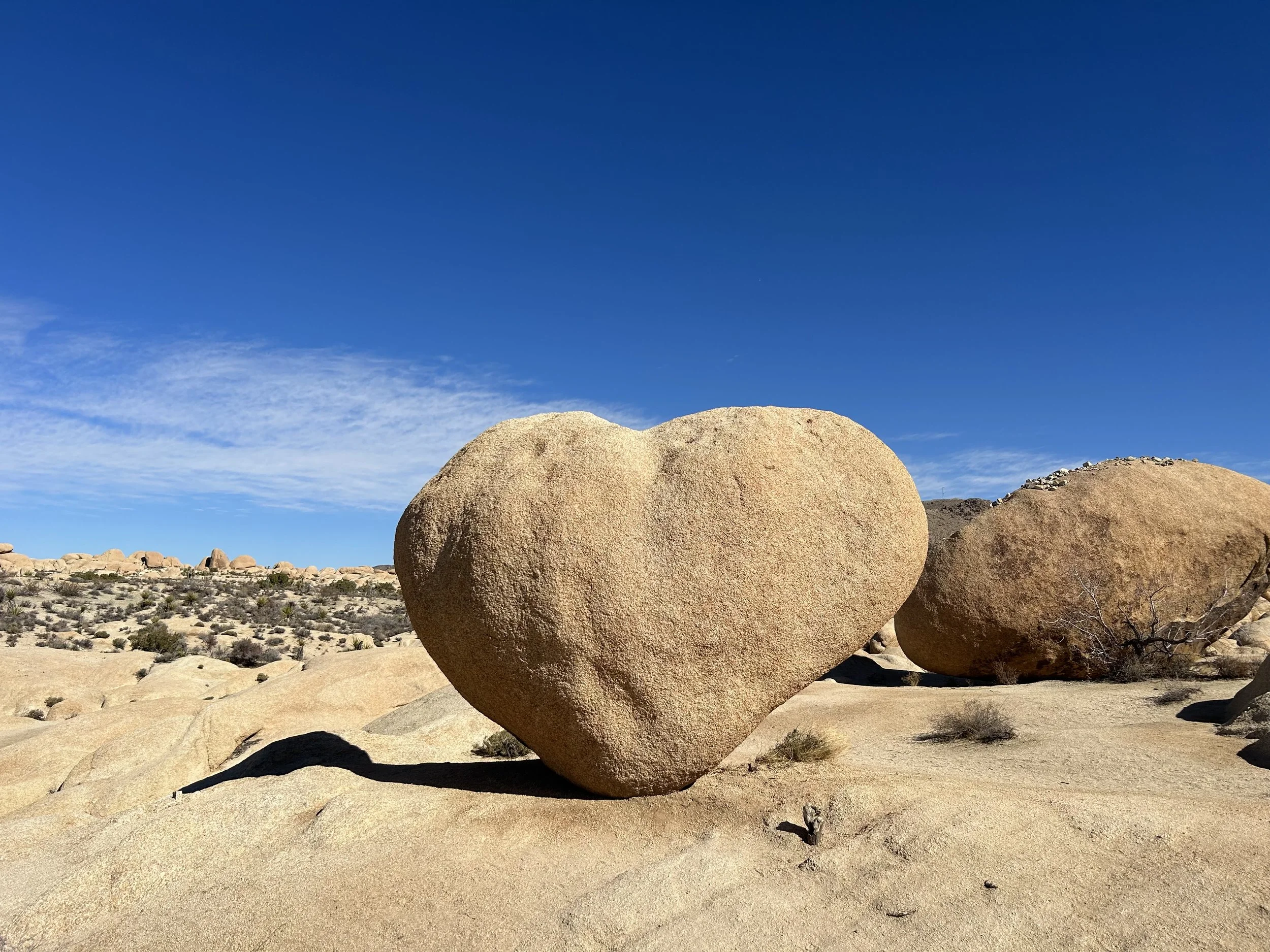 A large heart-shaped rock in a desert landscape with smaller rocks and sparse vegetation, under a clear blue sky.