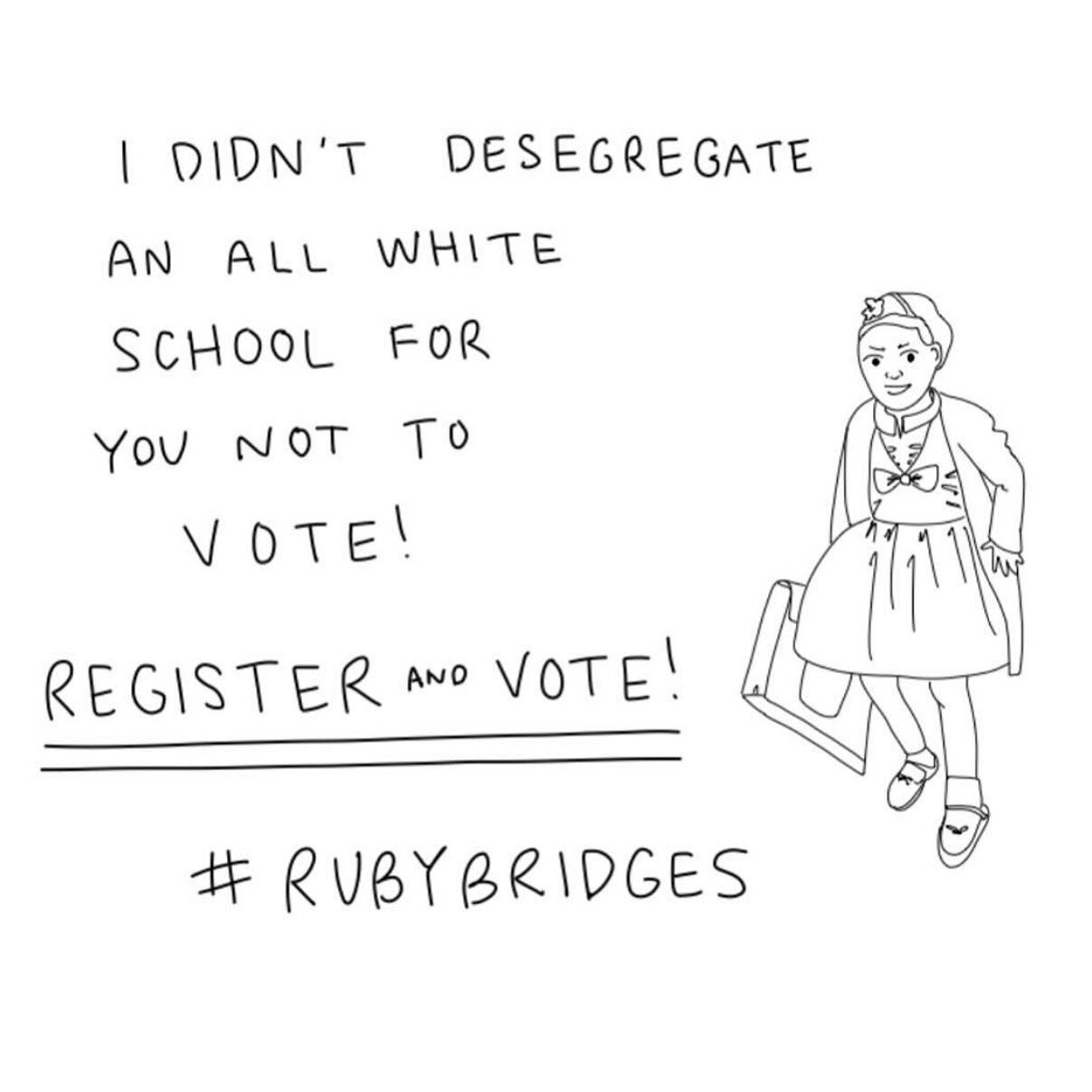 Happy birthday to a great American hero, @rubybridgesofficial! Thanks for the reminder @ashleyaubra ! Remember to register to vote! And remind your friends, too!! ❤️🇺🇸💙
#rubybridges #marvinandtaco #postcardswithapurpose