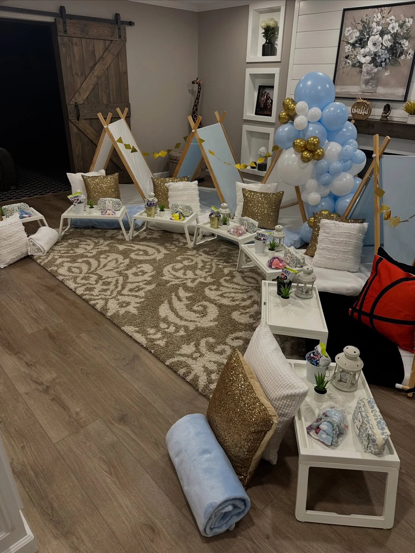 This setup had a couple unique features and we think it turned out perfectly!  Little brother had his own basketball themed tent, plus we did two setups with everything except a tent/bed for the girls who weren&rsquo;t spending the night!  And we can