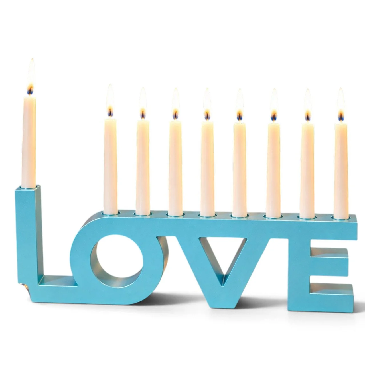 LOVE Word Blue Hanukkah Menorah Lit Close Up.jpg