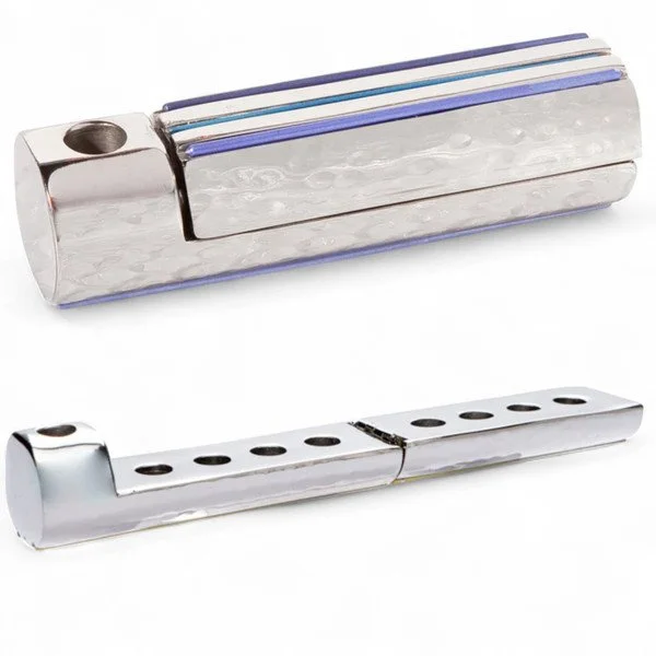 Hammered Folding Travel Menorah w/ Blue Stripes