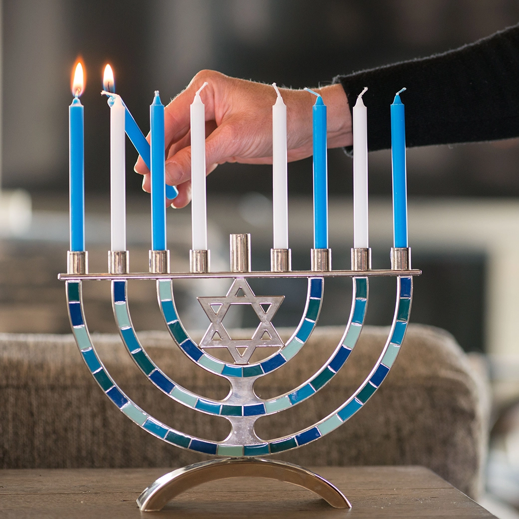 GoodLight White and Blue Hanukkah Candles Lit.png