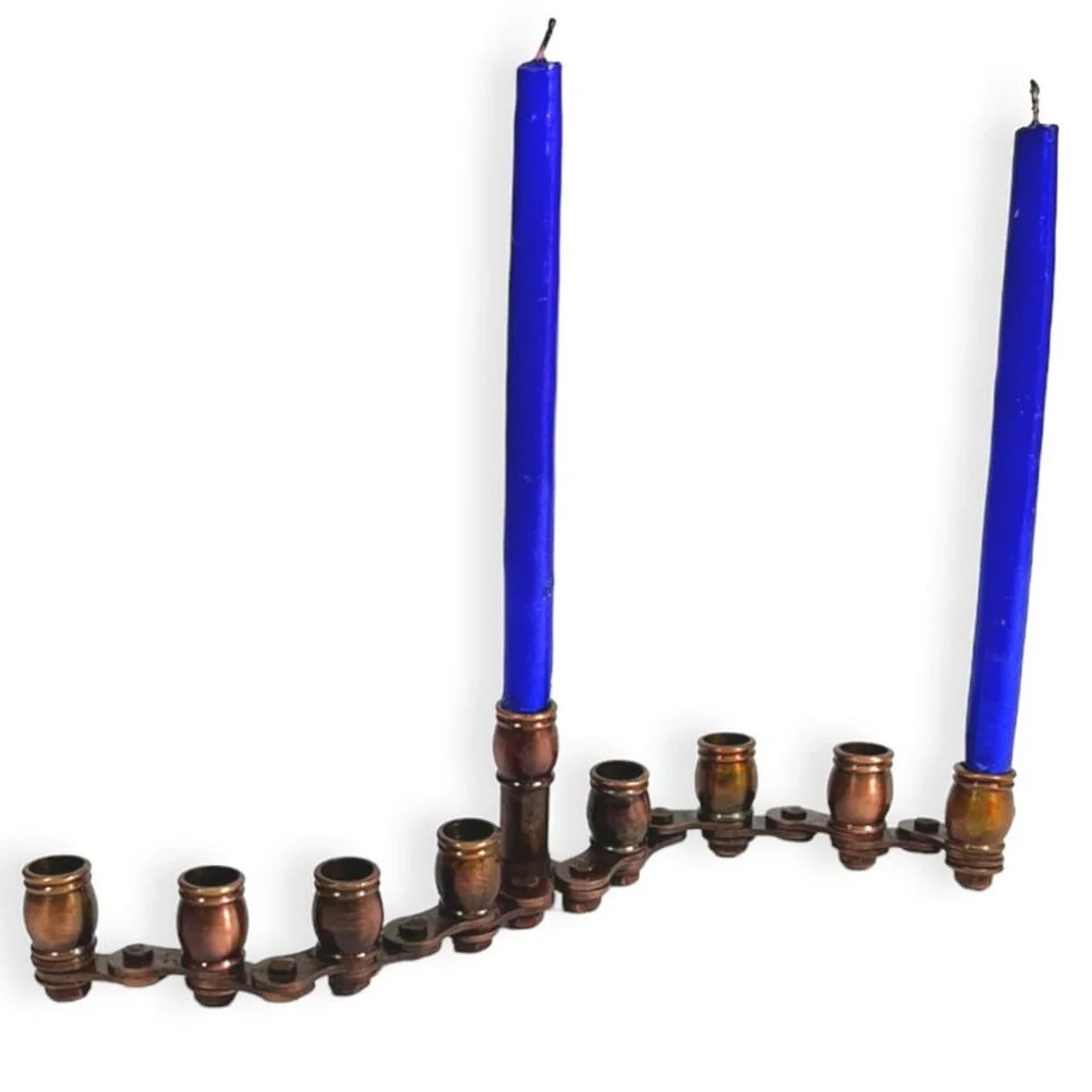 Bicycle Chain Menorah with Blue Candles.jpg