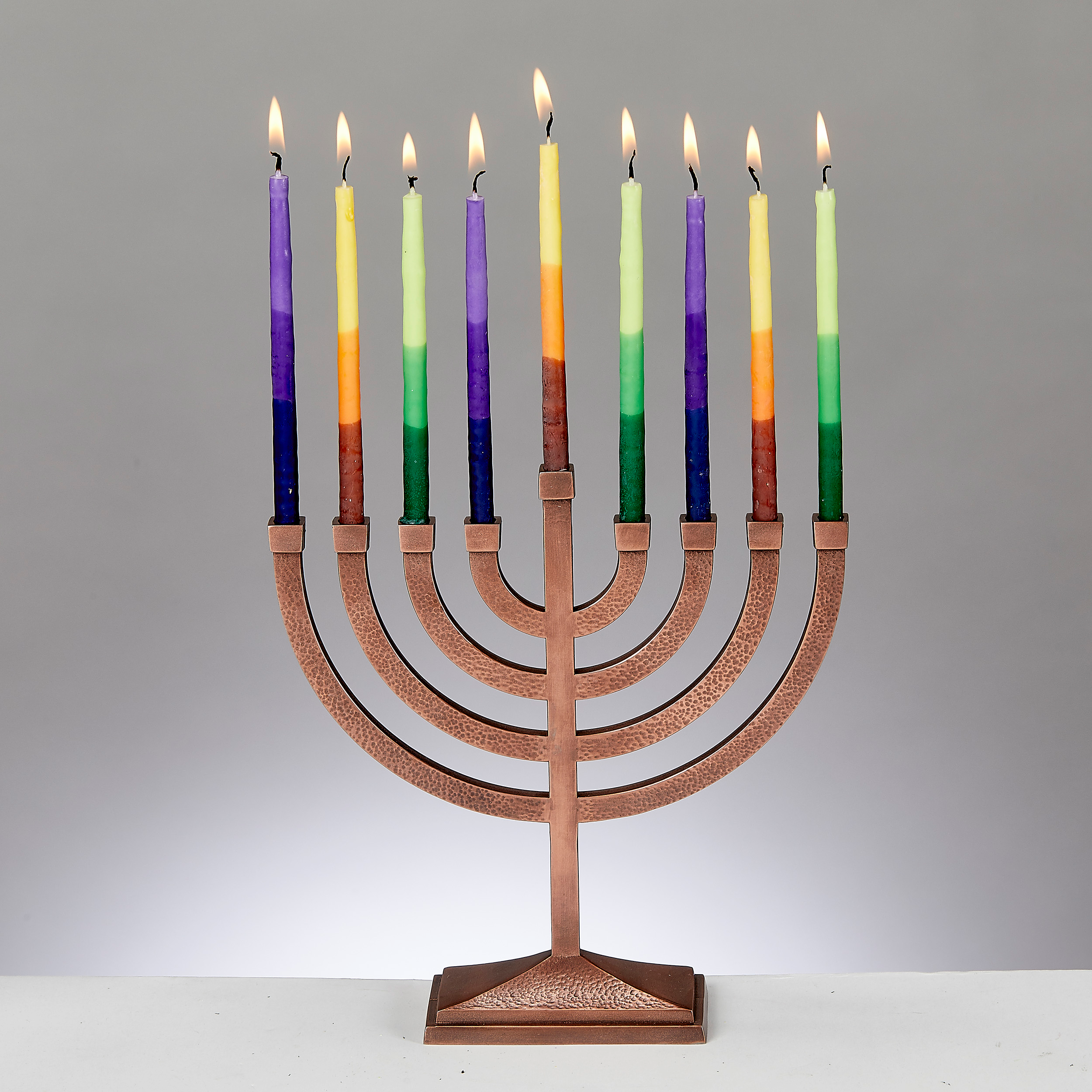 Copper Finish Trad Aluminum Hammered Menorah MP-75-CO Candles.png