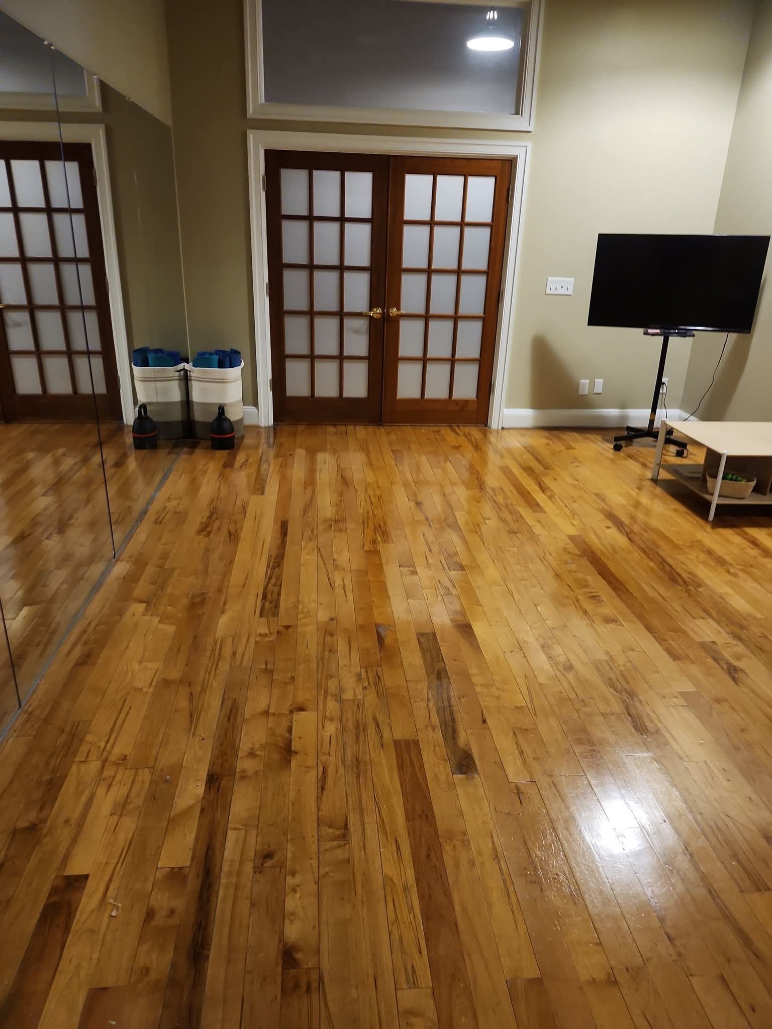 Empty room with wooden floors, glass-paneled double doors, a flat-screen TV on a stand, and a mirrored closet on the left side.