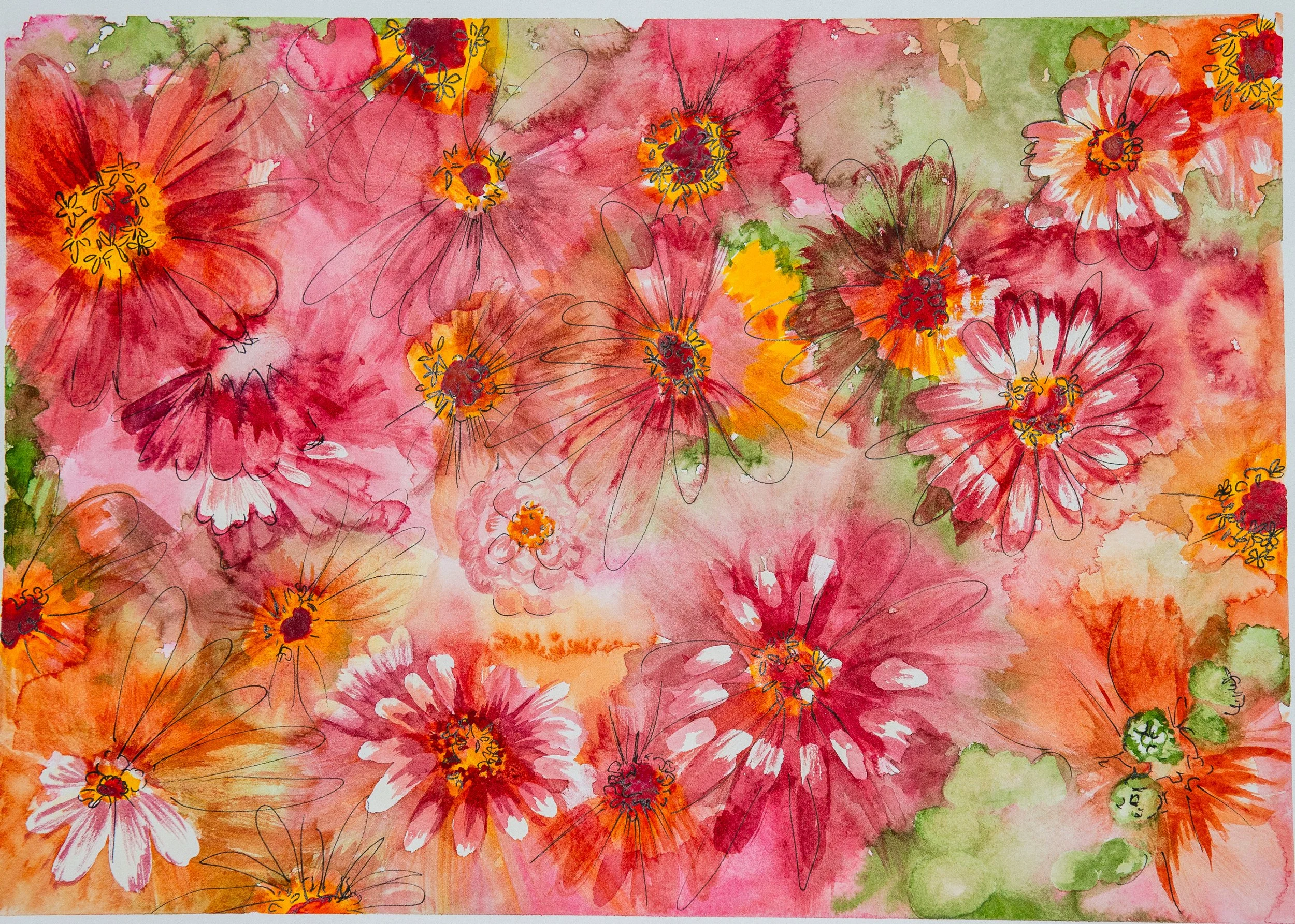 Zinnias watercolor and ink.jpg