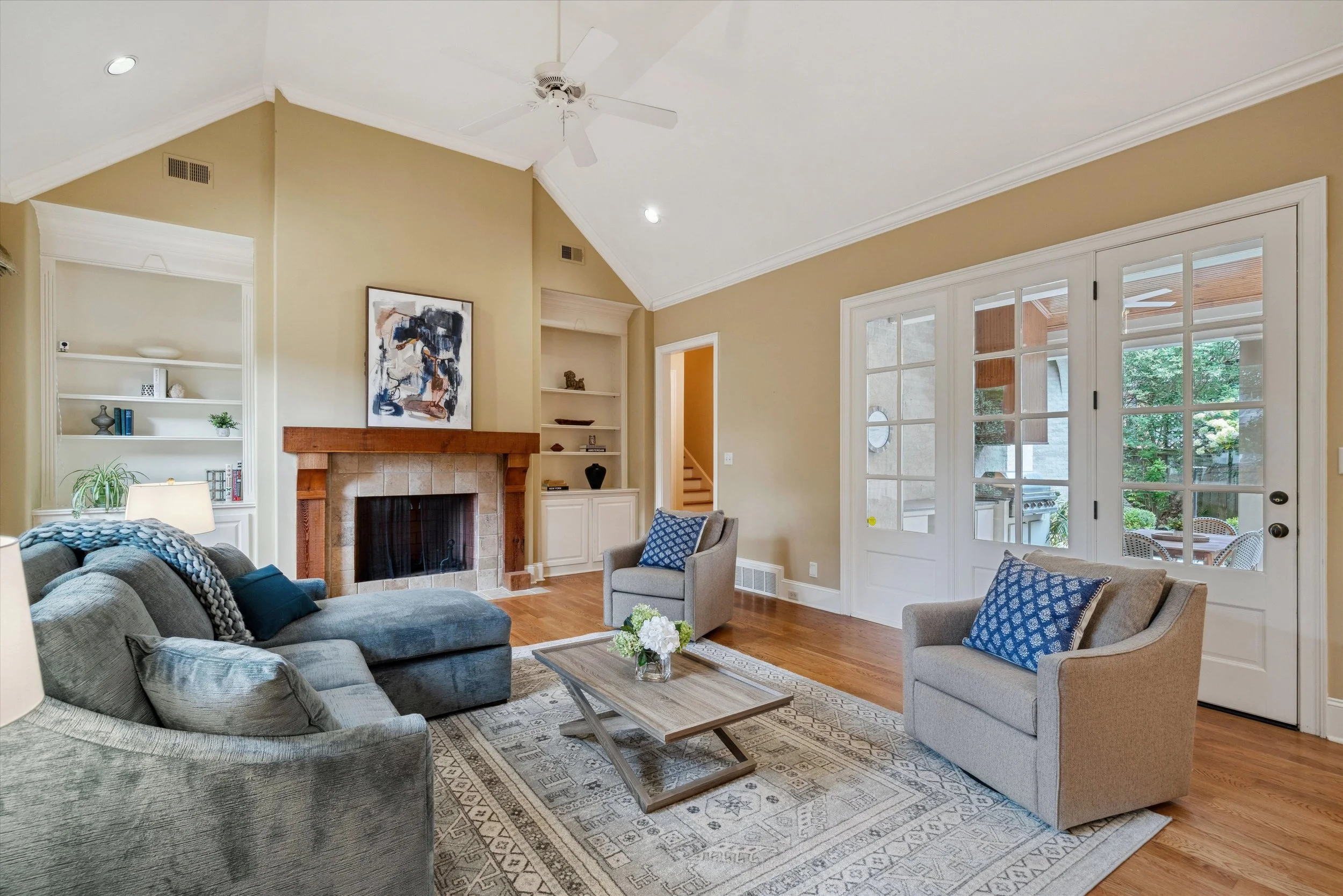 Gas fireplace and french doors to patio