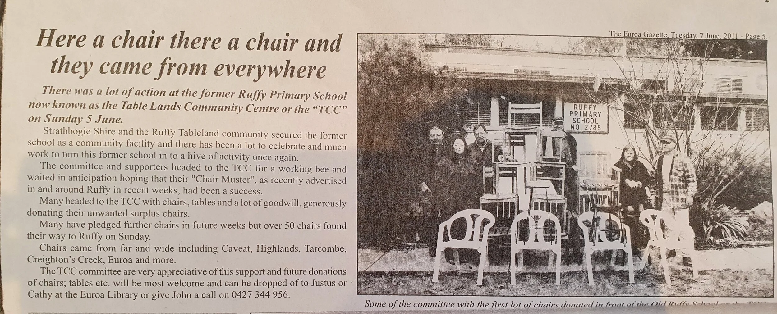 The Chair Muster before the first working bee at the Tablelands Community Centre. This was to get adult sized chairs into the building to replace the child sized chairs in the Tablelands Community Centre.