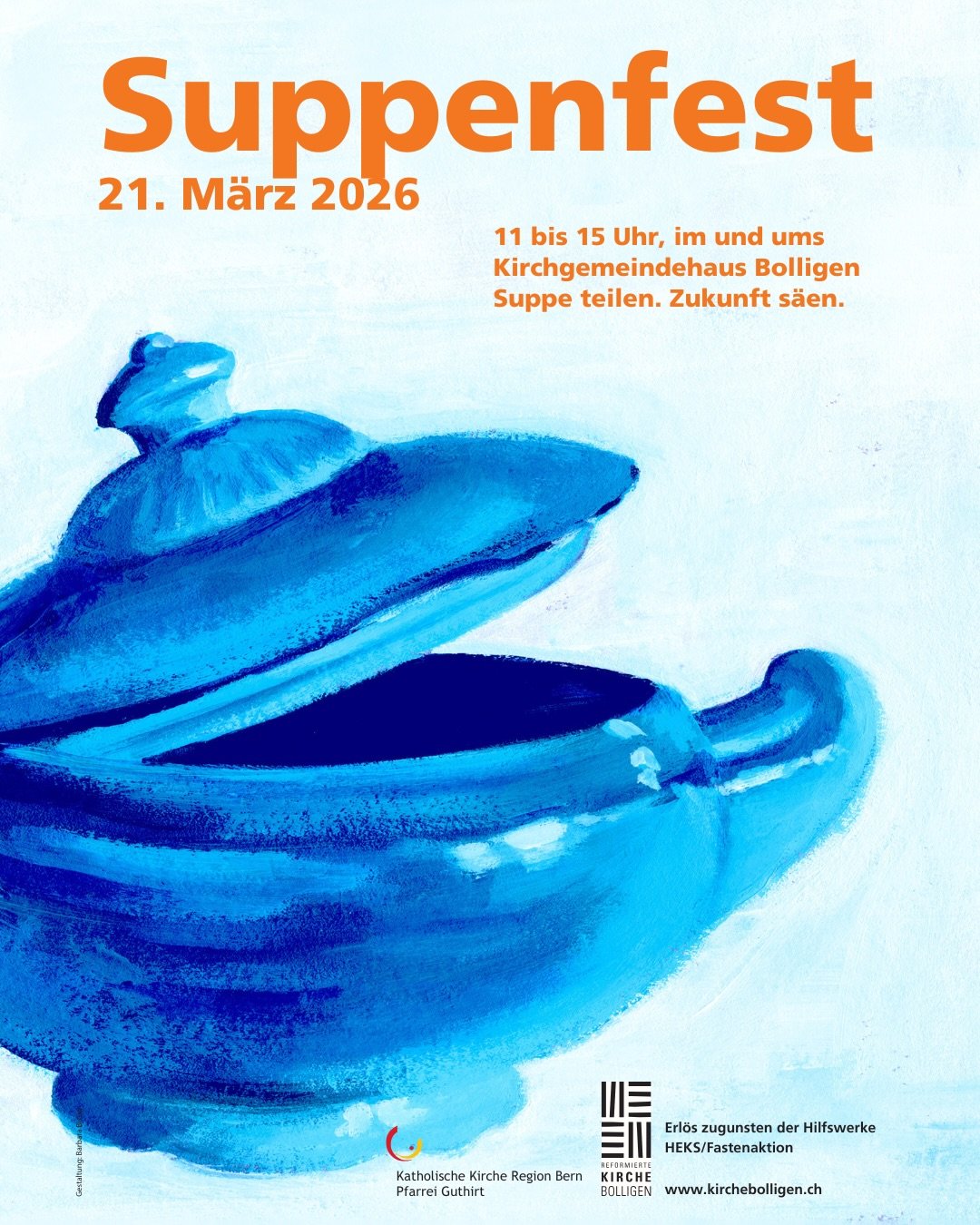 Am 21. M&auml;rz findet wieder das Suppenfest statt🍜. Es gibt: Musik, Marktst&auml;nde, Aktivit&auml;ten f&uuml;r Kinder, einen Vortrag (von Thomas Wullschleger), feine Suppe, 🍰 und vieles mehr. Das Thema dieses Jahr: Zukunft s&auml;en🌱. Auch dies