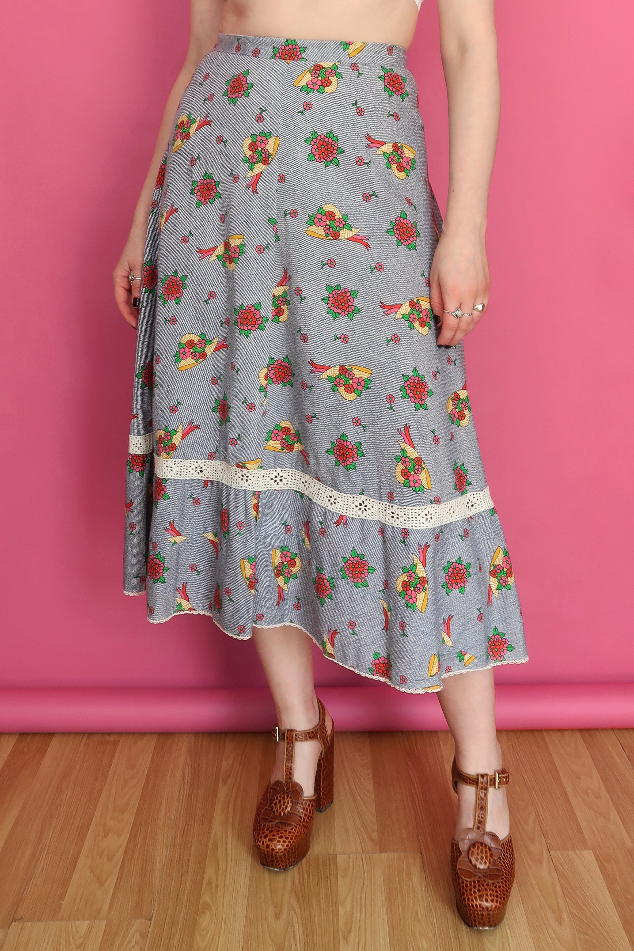 1970's Sweet Summer Print Midi Skirt - XS