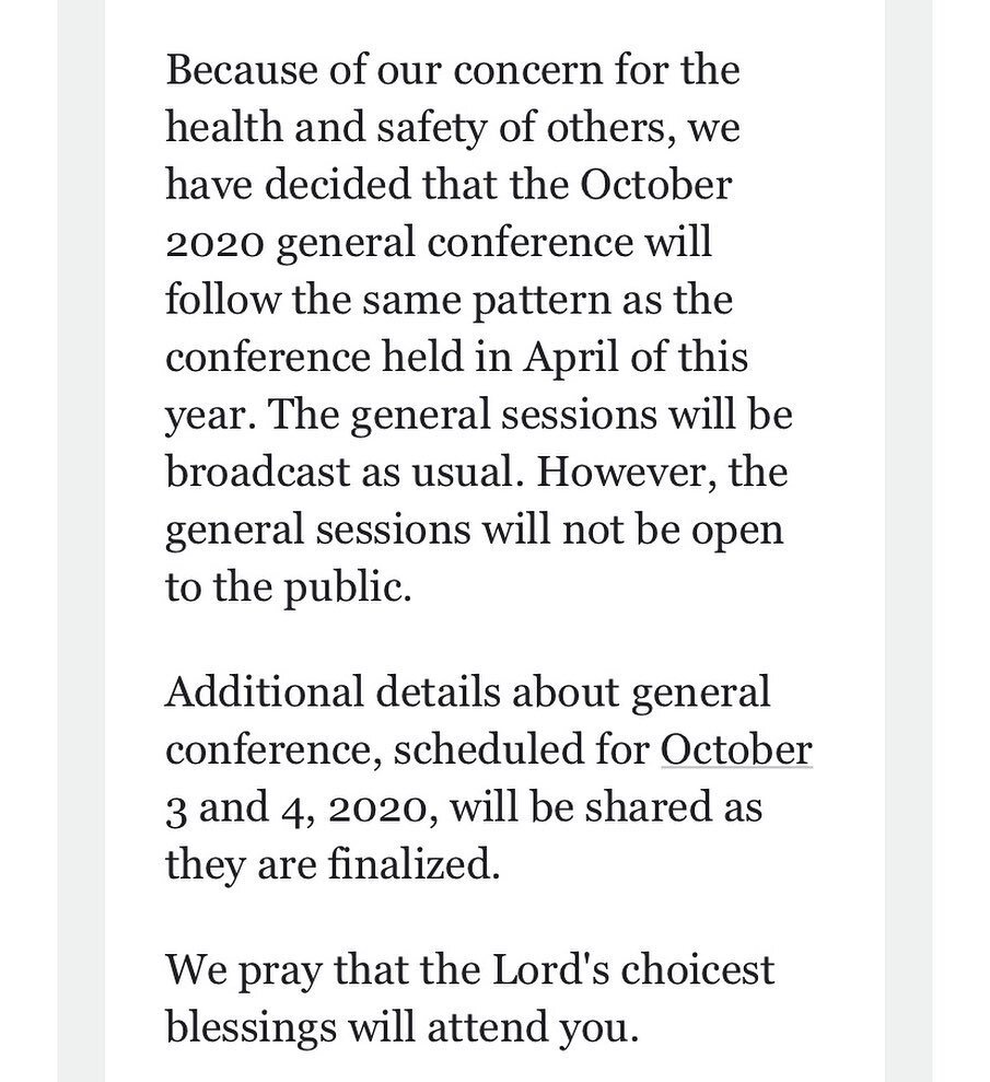 Big news coming out of Salt Lake today about October&rsquo;s General Conference!

We are grateful for the continued inspiration of our church leadership and look forward to hearing from them in October! .
.
.
.
.
.
.
.
.
.
#generalconference #lds #pr