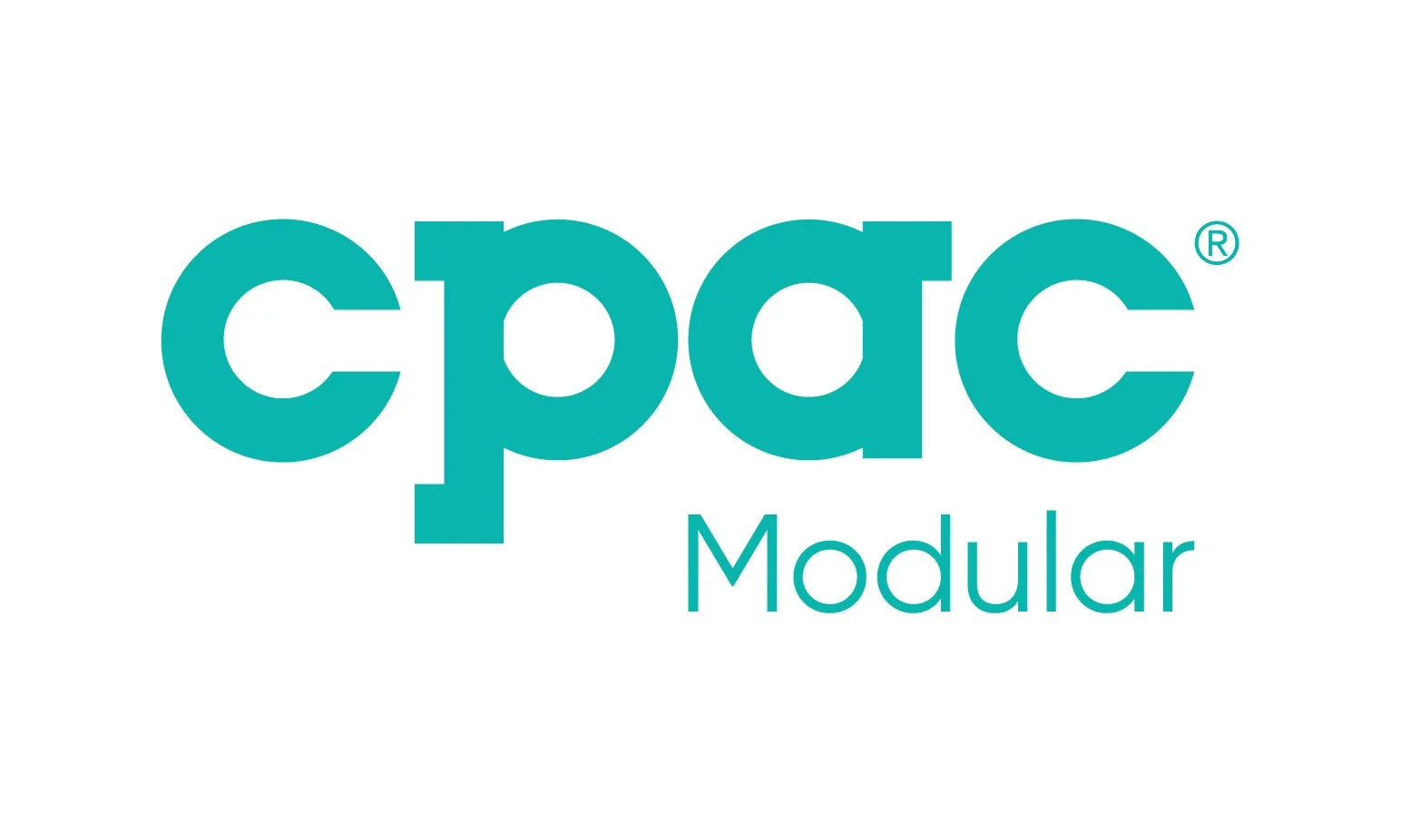 Logo of cpac Modular in teal font on a white background.