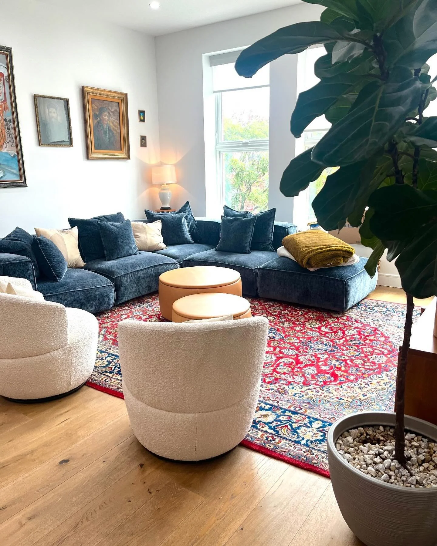 A little peak into a recent Brooklyn project. The client inherited several large, antique oriental rugs, that one might think feels too stuffy in a contemporary condo space. Then when you layer in a blue velvet, modular sectional, boucl&eacute; swive