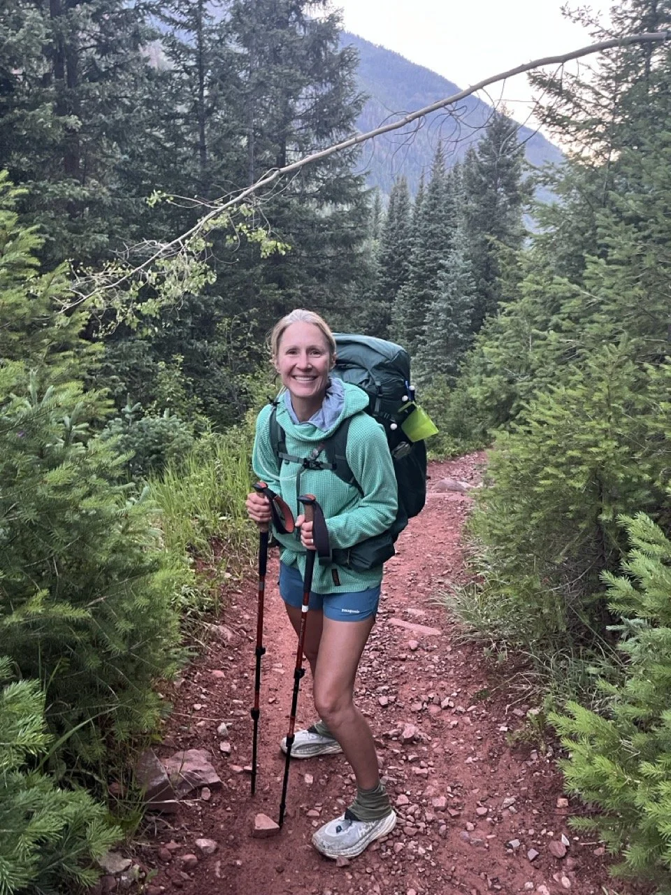 Proper trekking pole height with elbow at a 90-degree angle.