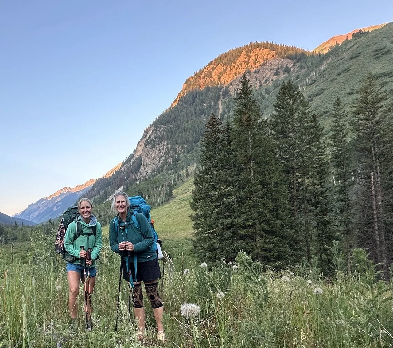 Hiking a Colorado Trail segment with a backpacking pack and trekking poles.