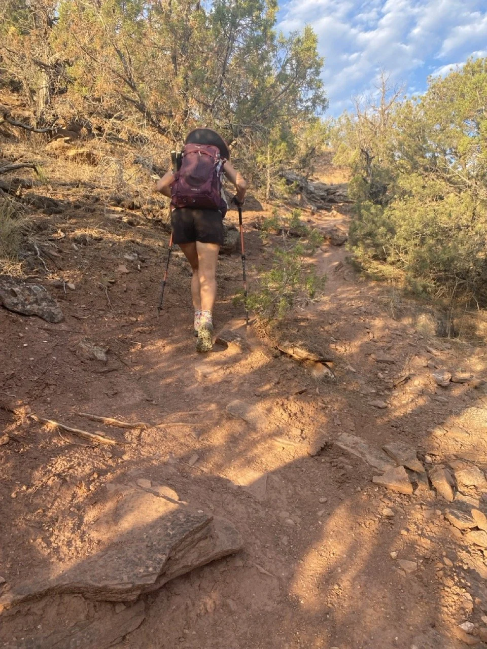 woman using trekking poles uphill