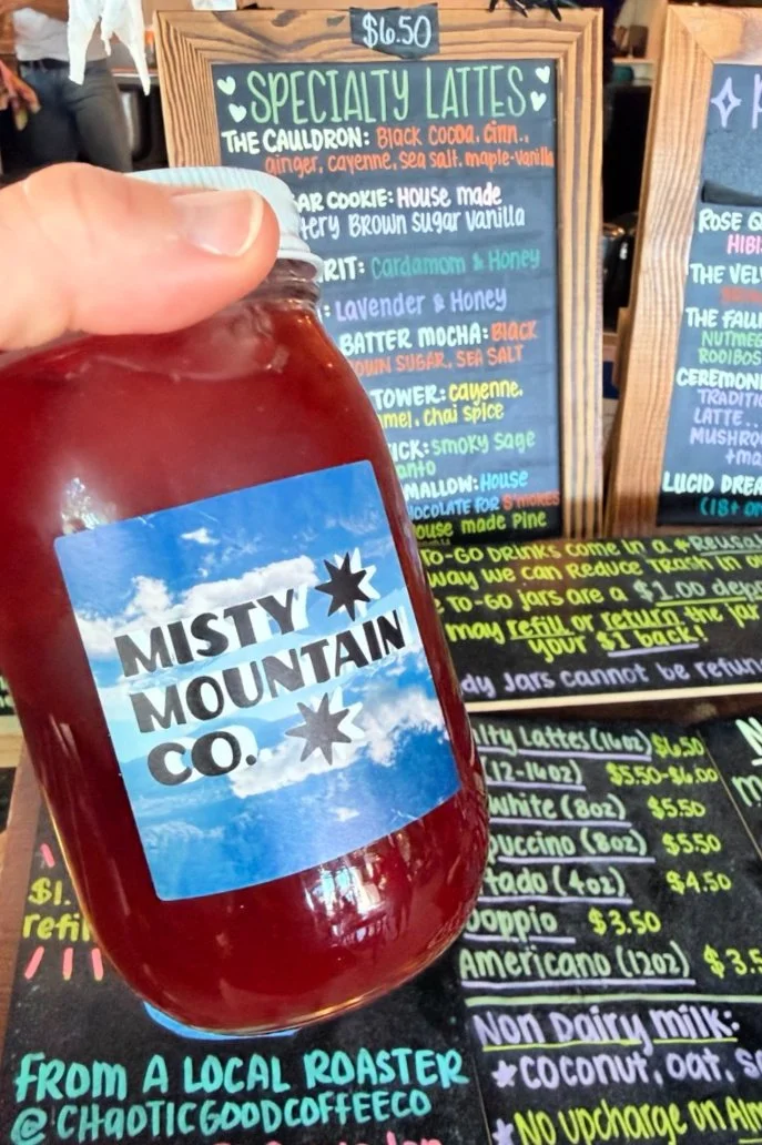Seasonal latte in a mason jar at Misty Mountain Collective, Colorado Springs