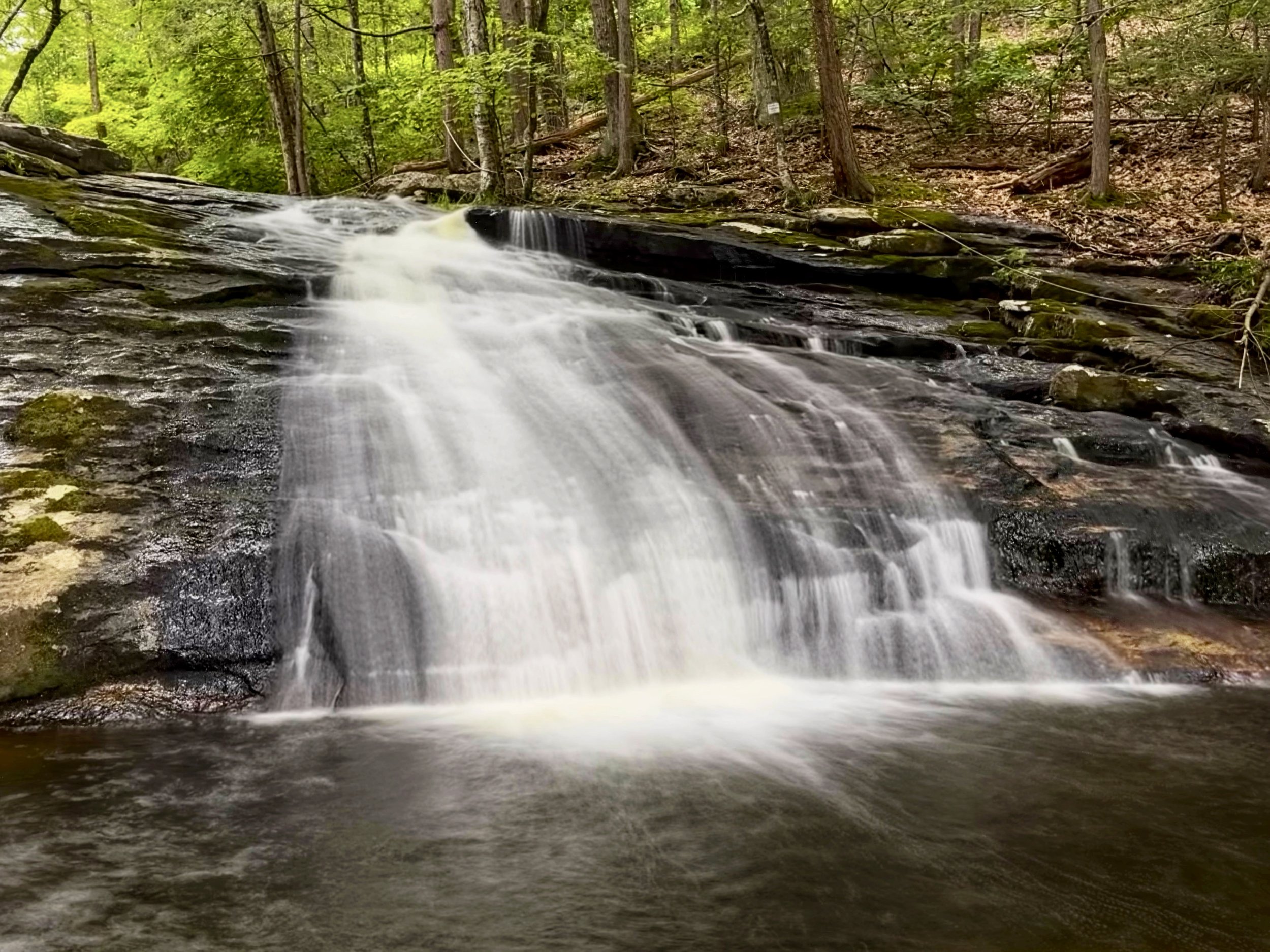 The second Chapel Brook Falls cascade rushing down over a bedrock ledge in Ashfield, Massachusetts