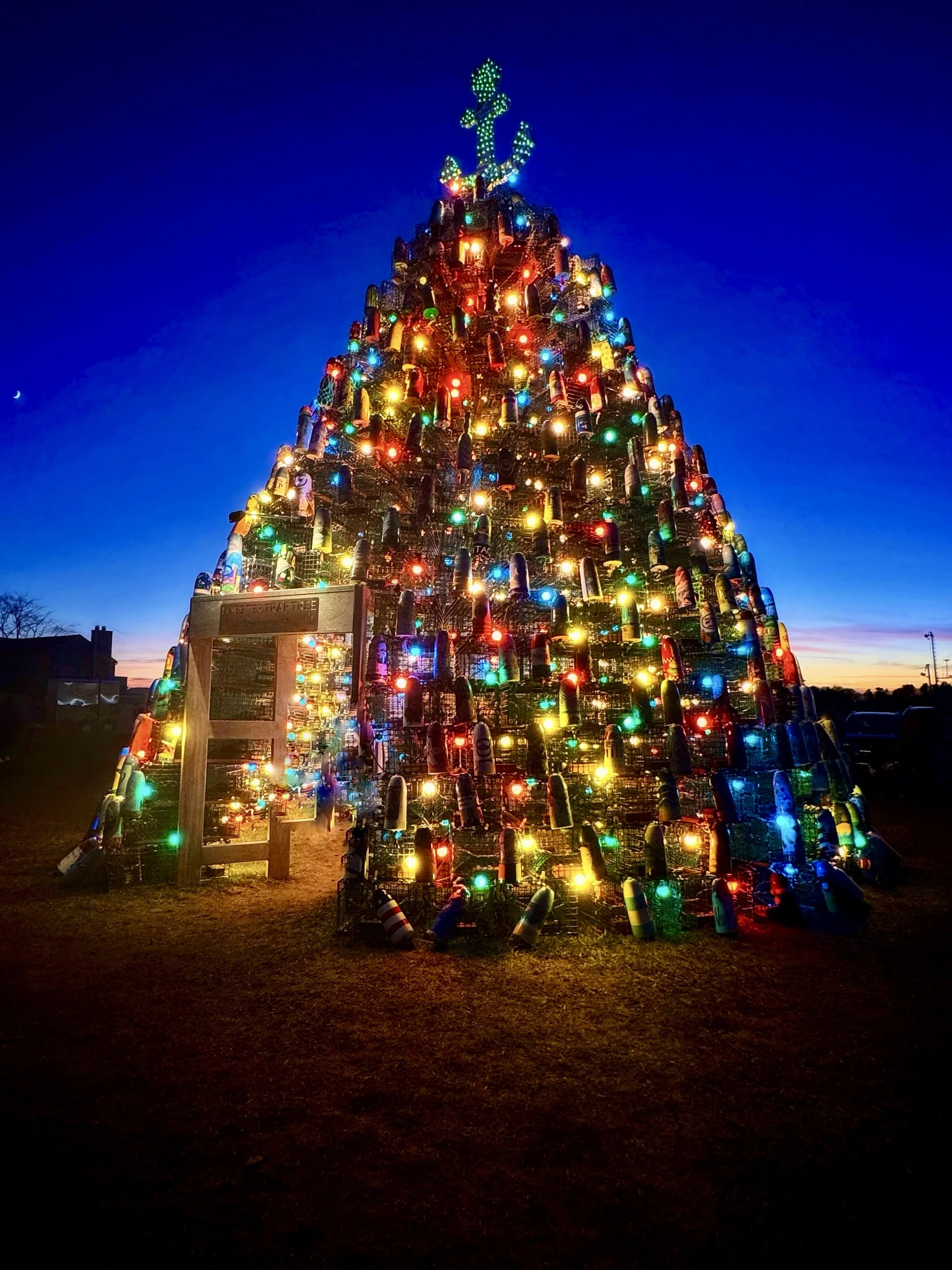 Stonington Connecticut's lobster trap tree lit up at blue hour.
