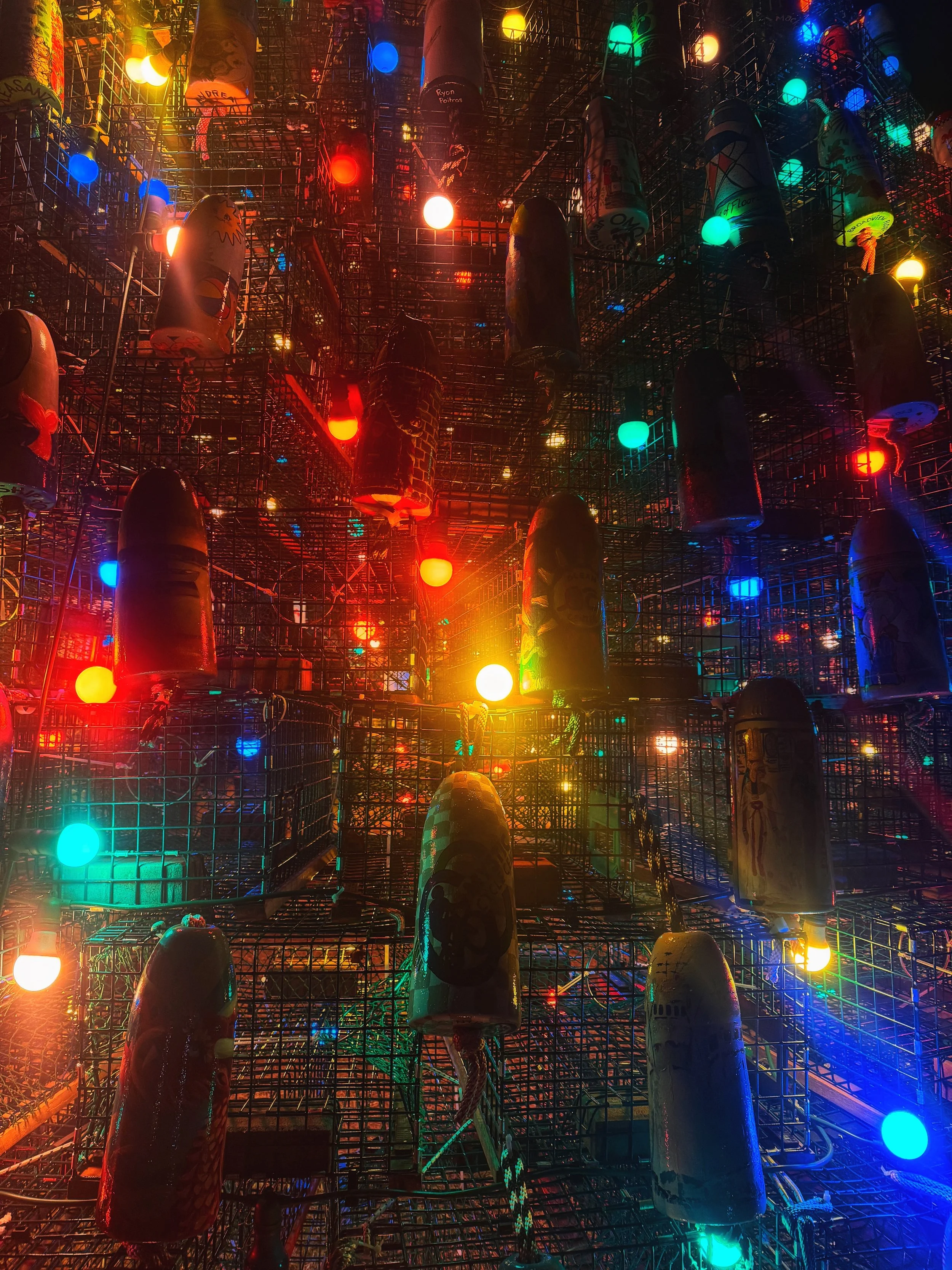 A close up view of the Stonington Connecticut lobster trap tree design and lights.