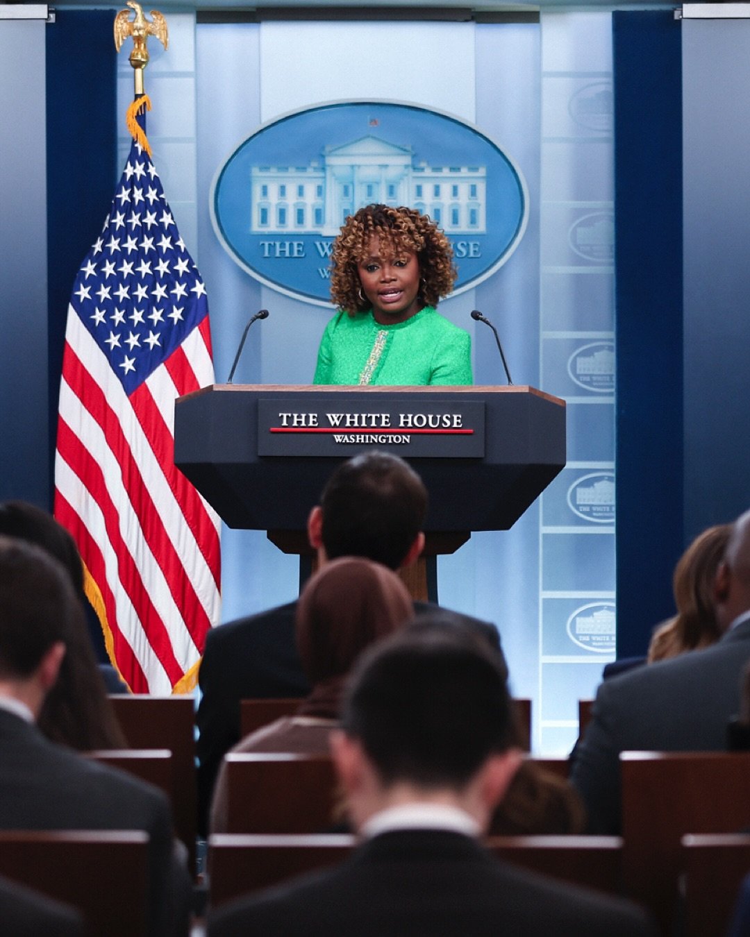 In the final press briefing of the Biden-Harris administration, White House Press Secretary Karine Jean-Pierre briefs reporters amid reports of a ceasefire-hostage deal reached in Gaza. (Joshua Sukoff/@medilldc)
&bull;
&bull;
Also pictured: former Wh