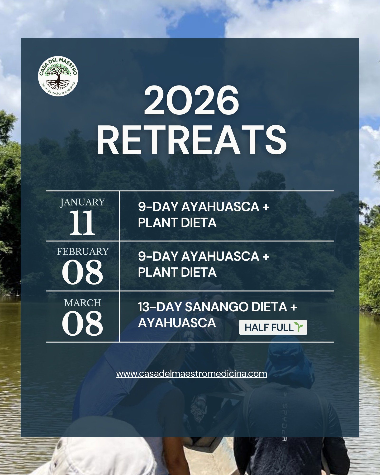 Our early 2026 retreat schedule is on the map!

If you're looking to explore depth, transformation, and invest in yourself for next year, here is our availability for the first part of 2026:

🌿January 11th, 2026: 9-Day Ayahuasca &amp; Plant Dieta Re