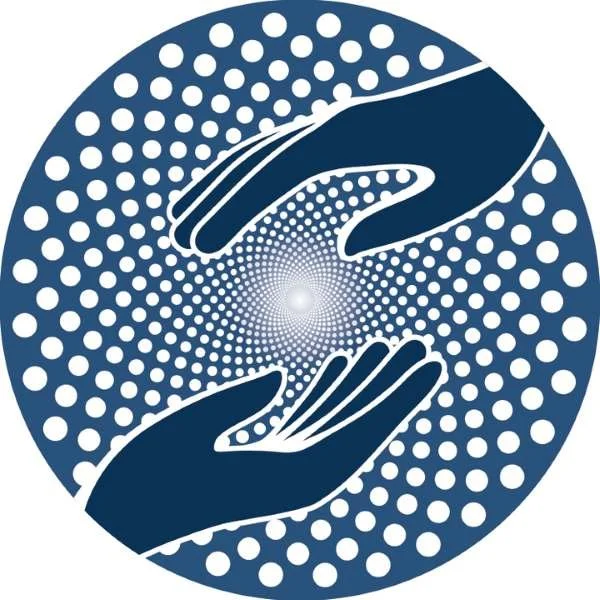 Two stylized hands holding a small, glowing sphere within a circular pattern of white dots on a dark blue background.
