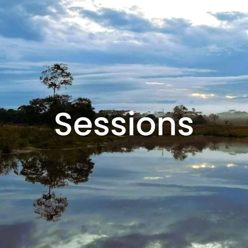 A landscape at a plant medicine retreat center with a lake reflecting the trees and sky in the distance, with the word "Sessions" overlaid in white text.