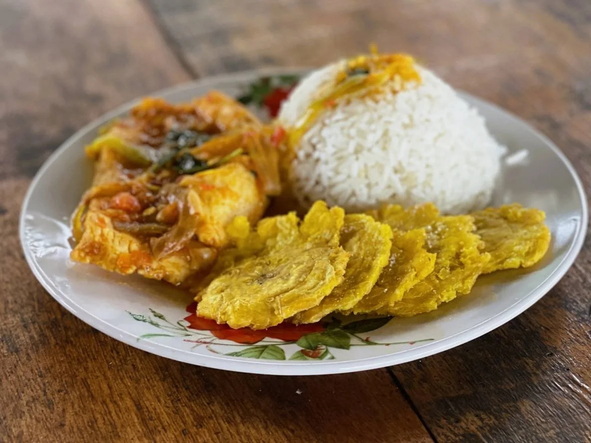 Plate with rice, Peruvian fried plantains, and a serving of fish with vegetables in sauce from Casa del Maestro's ayahuasca retreat center kitchen.