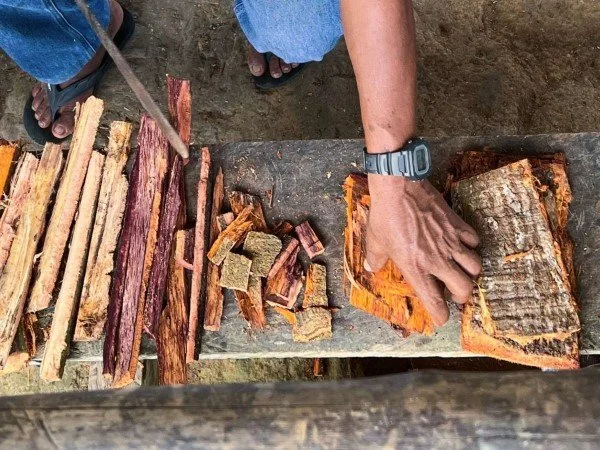 Maestro Alberto chops plant medicine tree barks with a machete, in preparation for the ayahuasca cook.