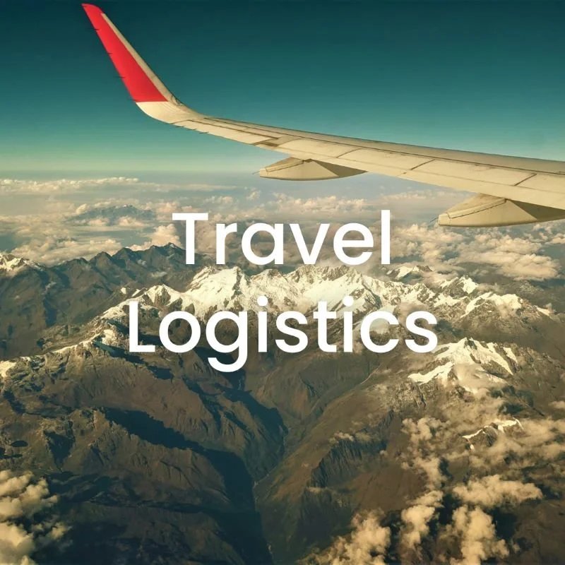 Airplane wing over snow-capped Peruvian mountains with text 'Travel Logistics'