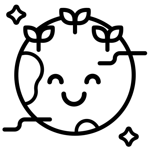 Outline graphic of the earth depicting a smiling face and small plants growing on its surface, representing healthy ecology.