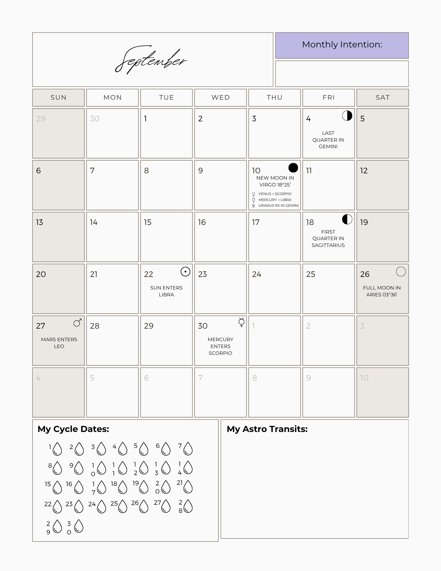 September Moon Calendar