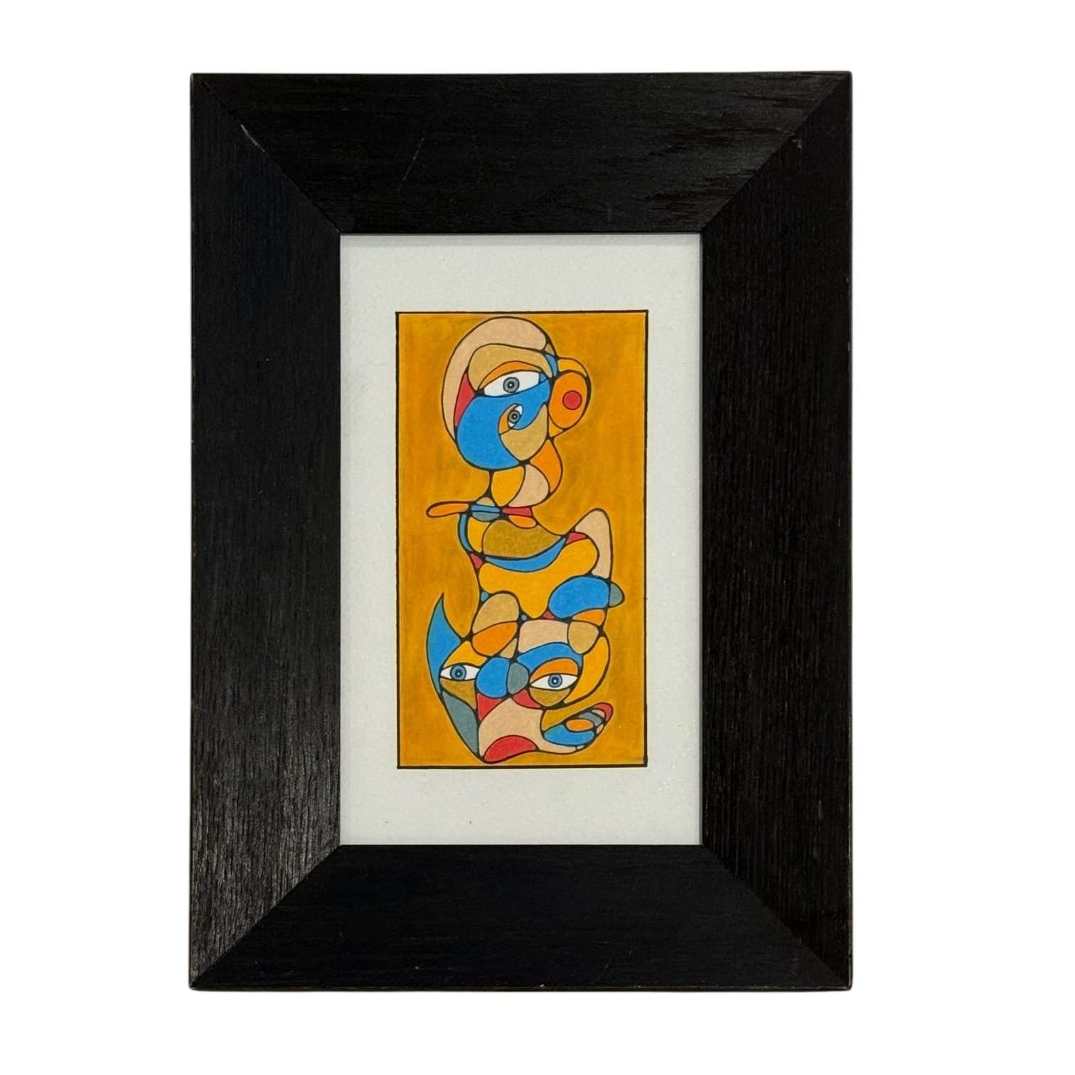Cubist Figurative Abstract in Oranges and Blues in Vintage Wood Frame