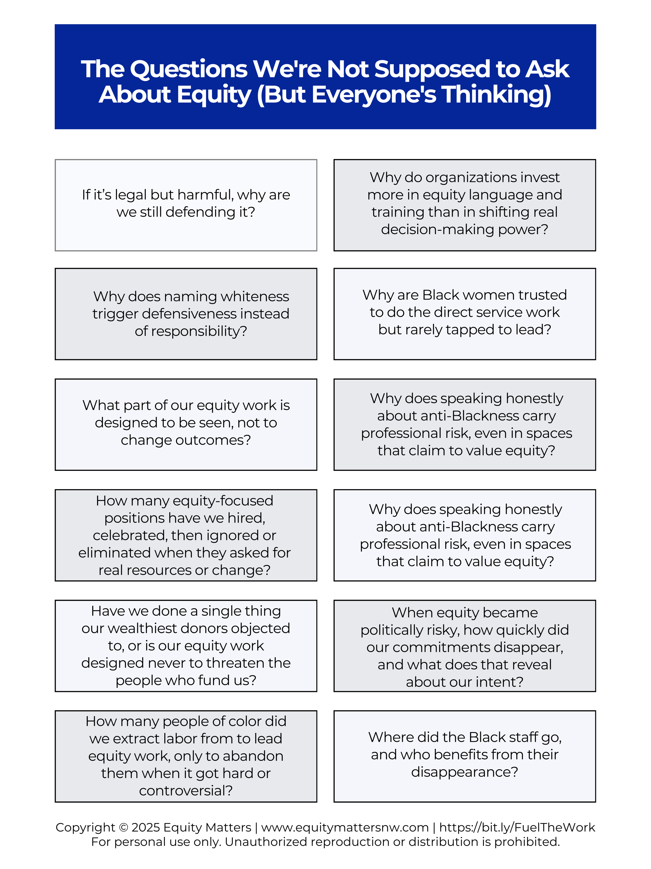 Graphic titled “The Questions We’re Not Supposed to Ask About Equity (But Everyone’s Thinking)” featuring a grid of boxed prompts with provocative questions about power, whiteness, anti-Blackness, labor, leadership, and accountability in equity work.