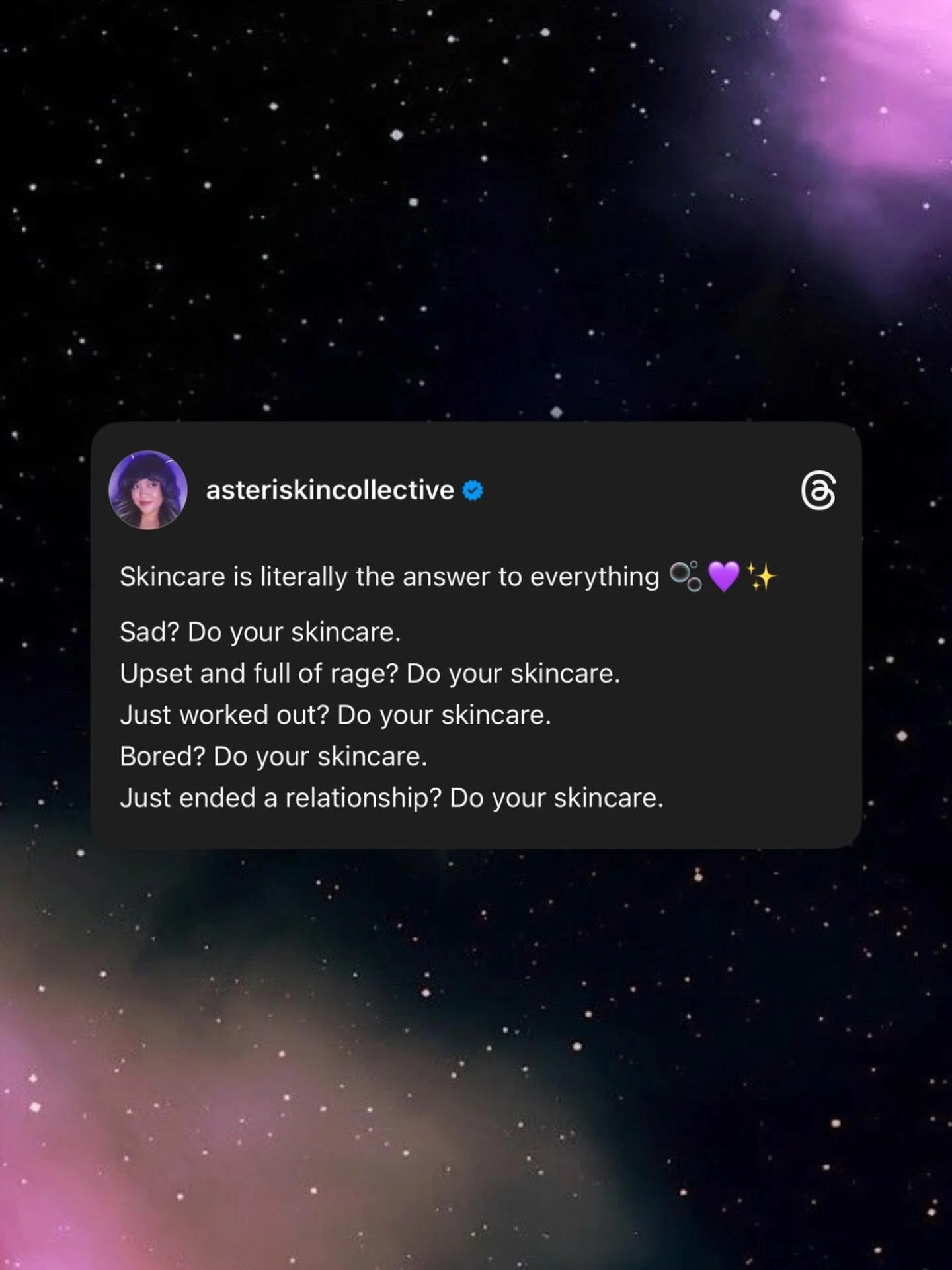 Do. Your. Skincare. 👏💕

I personally find that doing my skincare is one of the things that I can control in my life. It grounds me and gives me structure on a daily basis.

Studies have actually shown that doing a skincare routine can lower stress 
