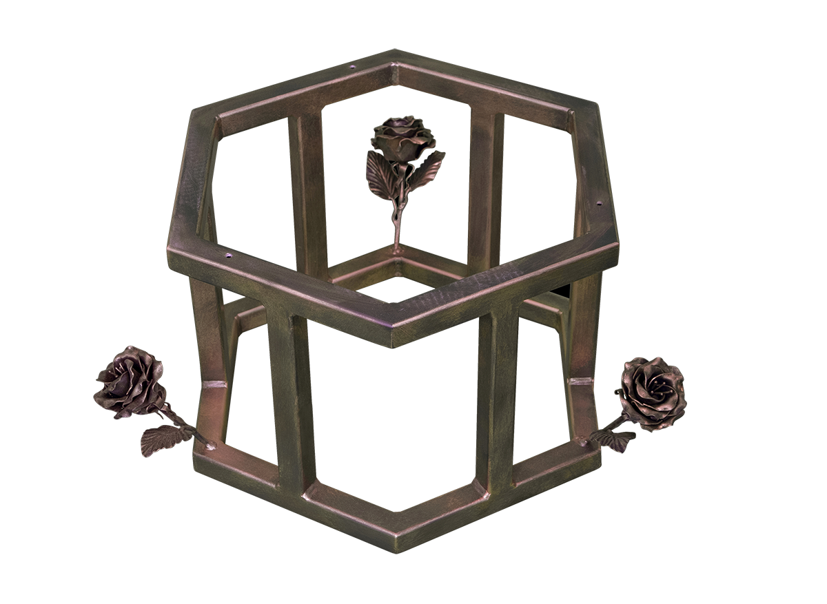 The hexagonal metal base  adorned with three sculpted metal roses is a subtle, symbolic gesture balancing solidity and grace.
