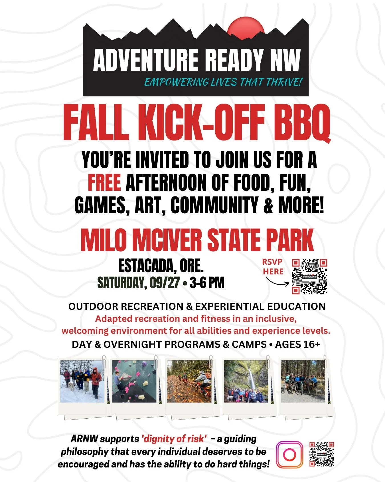 🍂🔥 Fall&rsquo;s almost here, and we&rsquo;re kicking it off Adventure Ready NW style&mdash;with FREE food, fun, games, arts &amp; crafts, and good old-fashioned time together in community time! 🎉

Join us Saturday, Sept. 27 at beautiful Milo McIve