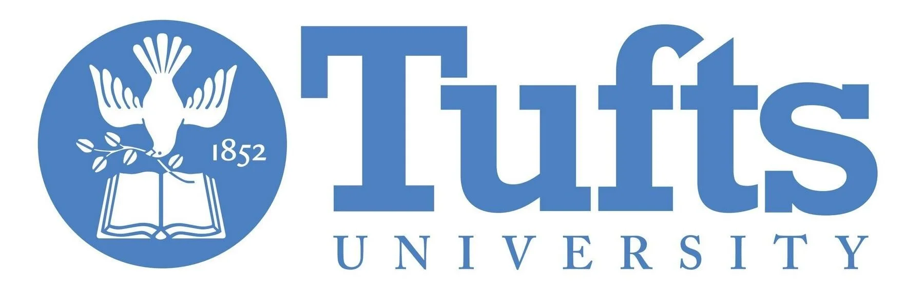 Tufts University logo featuring a blue circle with a white dove holding an olive branch, an open book, and the year 1852; next to the word "Tufts" in large blue letters, with "University" below in smaller blue letters.