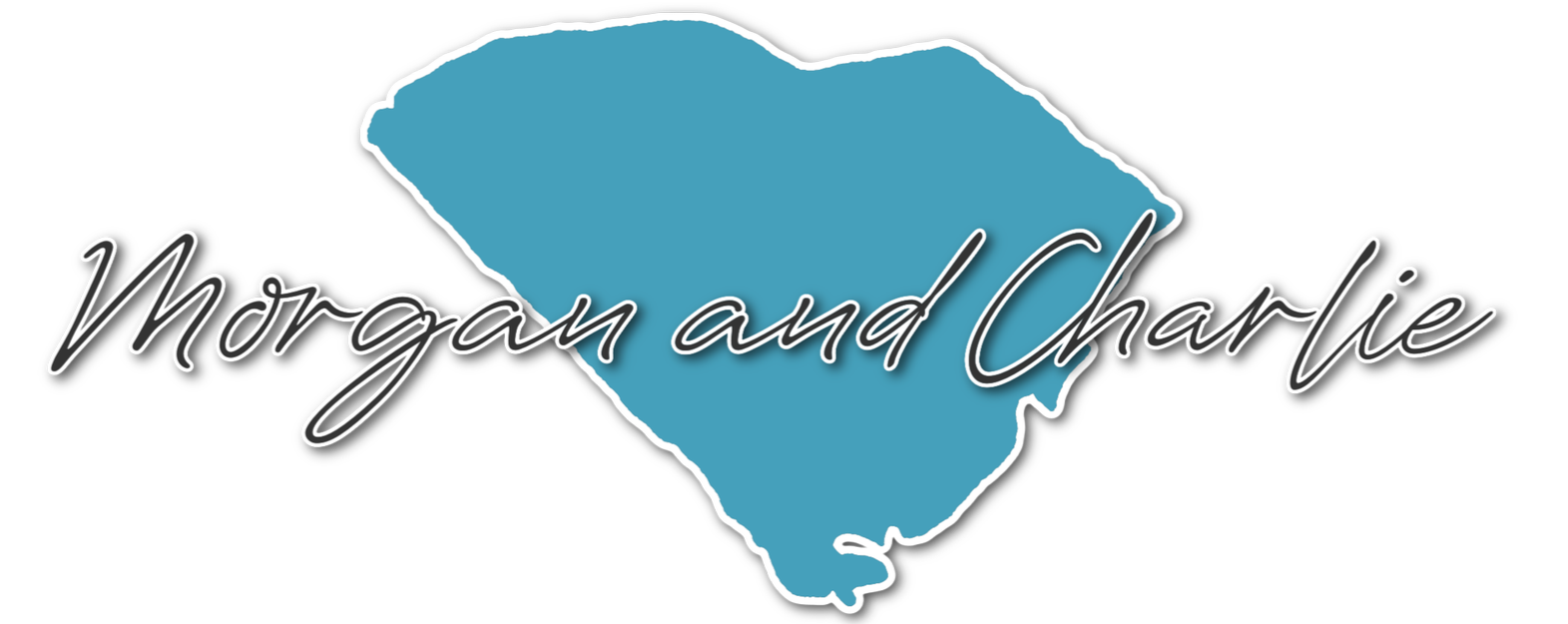 A graphic with a blue outline of the state of South Carolina, overlaid with the text 'Morgan and Charlie' in cursive font.