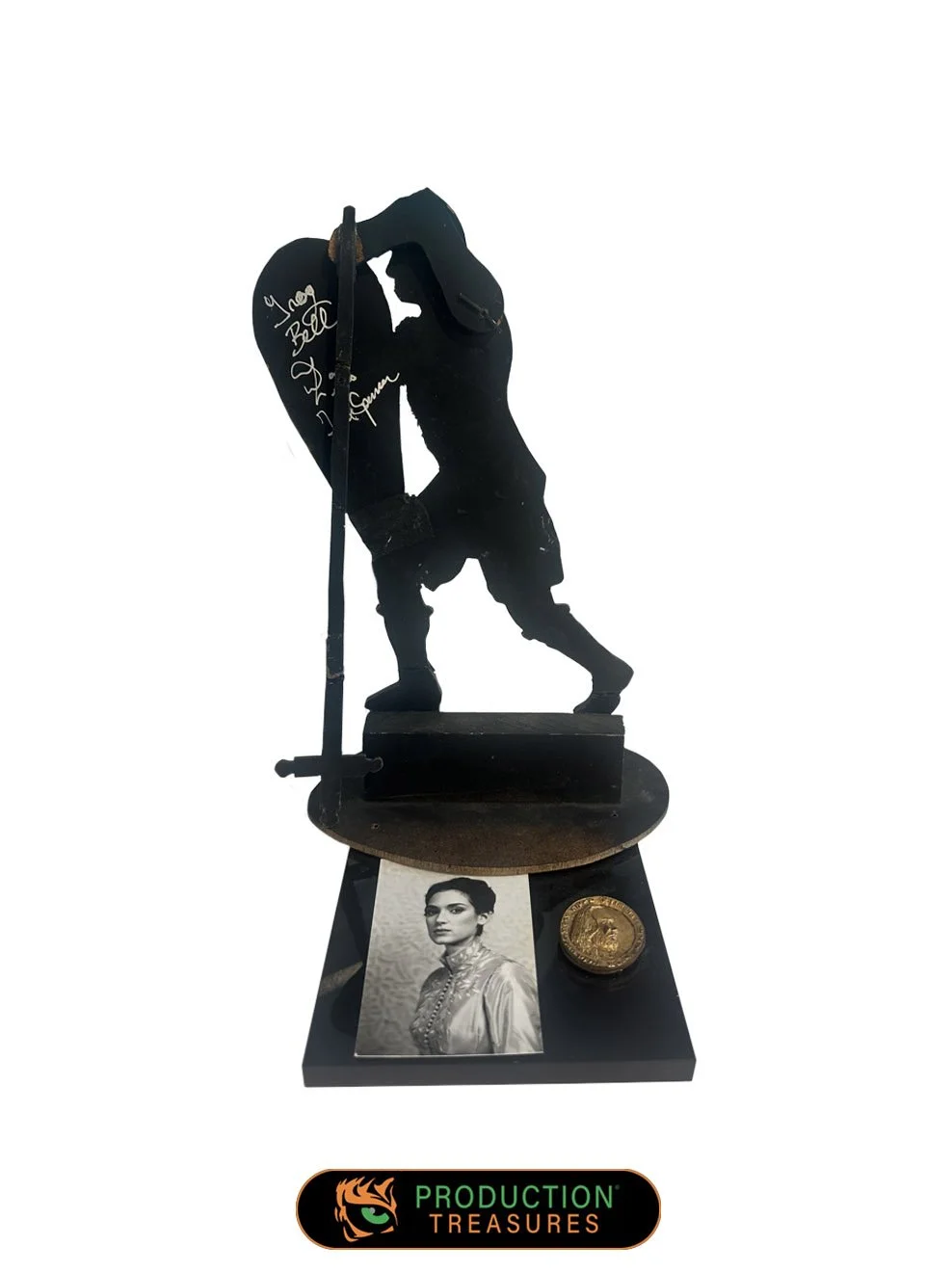 Bram Stoker's Dracula (1992) - 11" wooden warrior with stunt coin and photo signed by Fredrick Spencer and puppeteers.