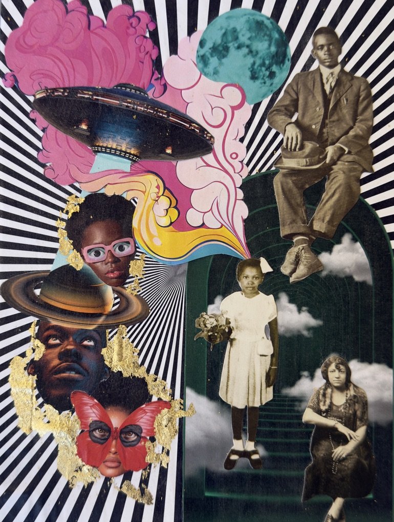 Collage featuring vintage photos of three Black children, colorful swirling abstract art, a planet, a UFO, a moon, and a cosmic background with black and white radiating lines.
