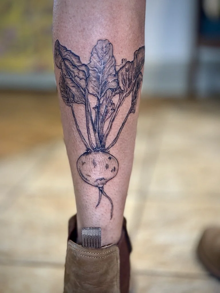 Line art tattoo of a beet with leaves growing from the top, on a person's calf.