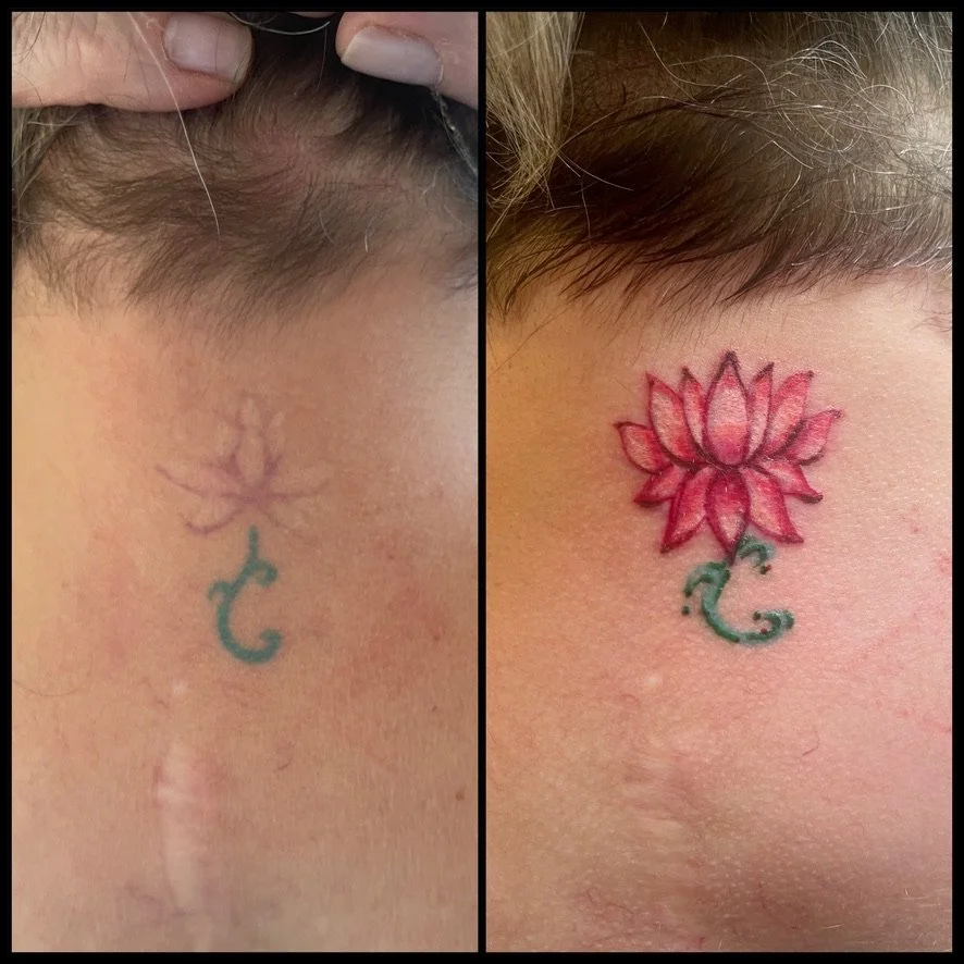 Comparison of a tattoo before and after a cover-up; the tattoo is of a lotus flower with a green swirl below it, with the before image showing a faded design and the after image showing a vibrant, detailed design.