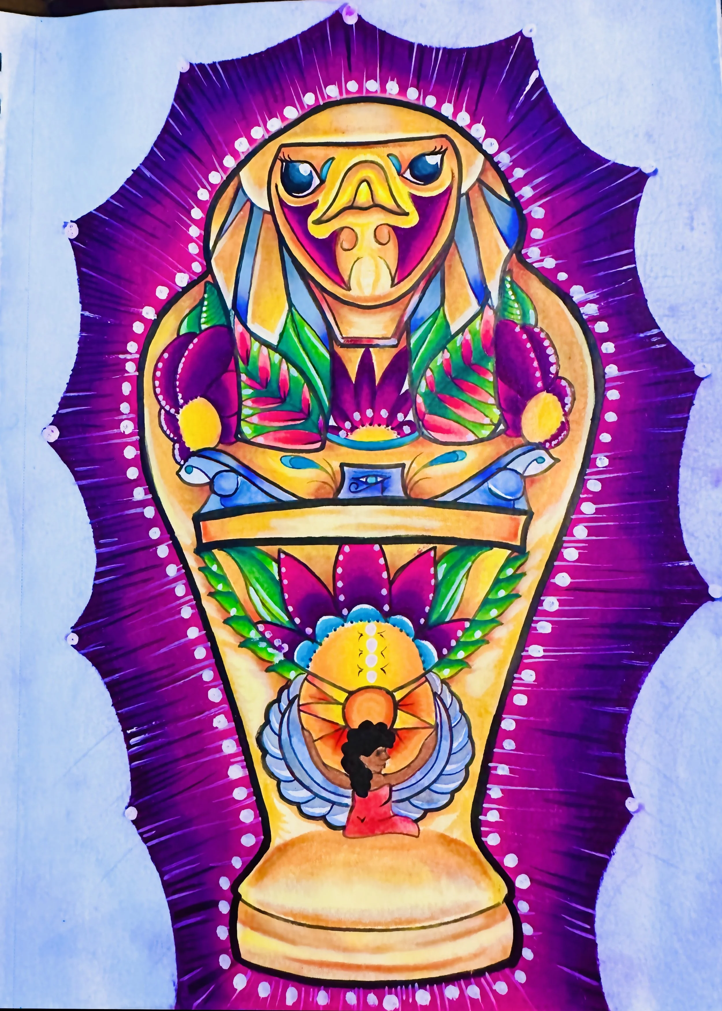 Colorful illustration of a hummingbird with abstract floral patterns inside a yellow beaker, with a silhouette of a woman meditating at the bottom, set against a purple background with white dotted accents.